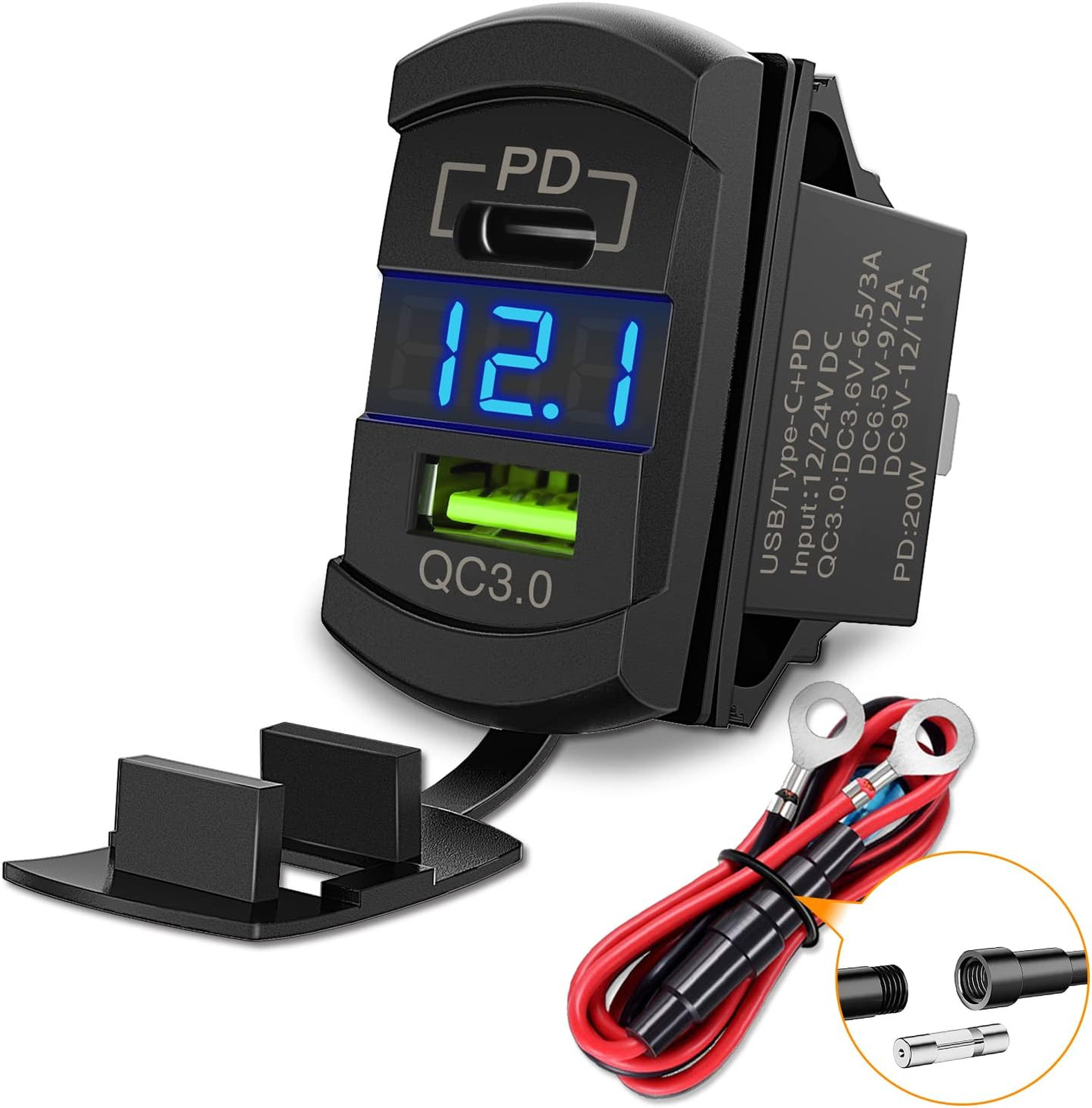 Rocker Switch Voltmeter USB Charger PD Type C LED Display for Cars Trucks RVs Rocker Switch Voltmeter USB Charger PD Type C LED Display for Cars Trucks RVs