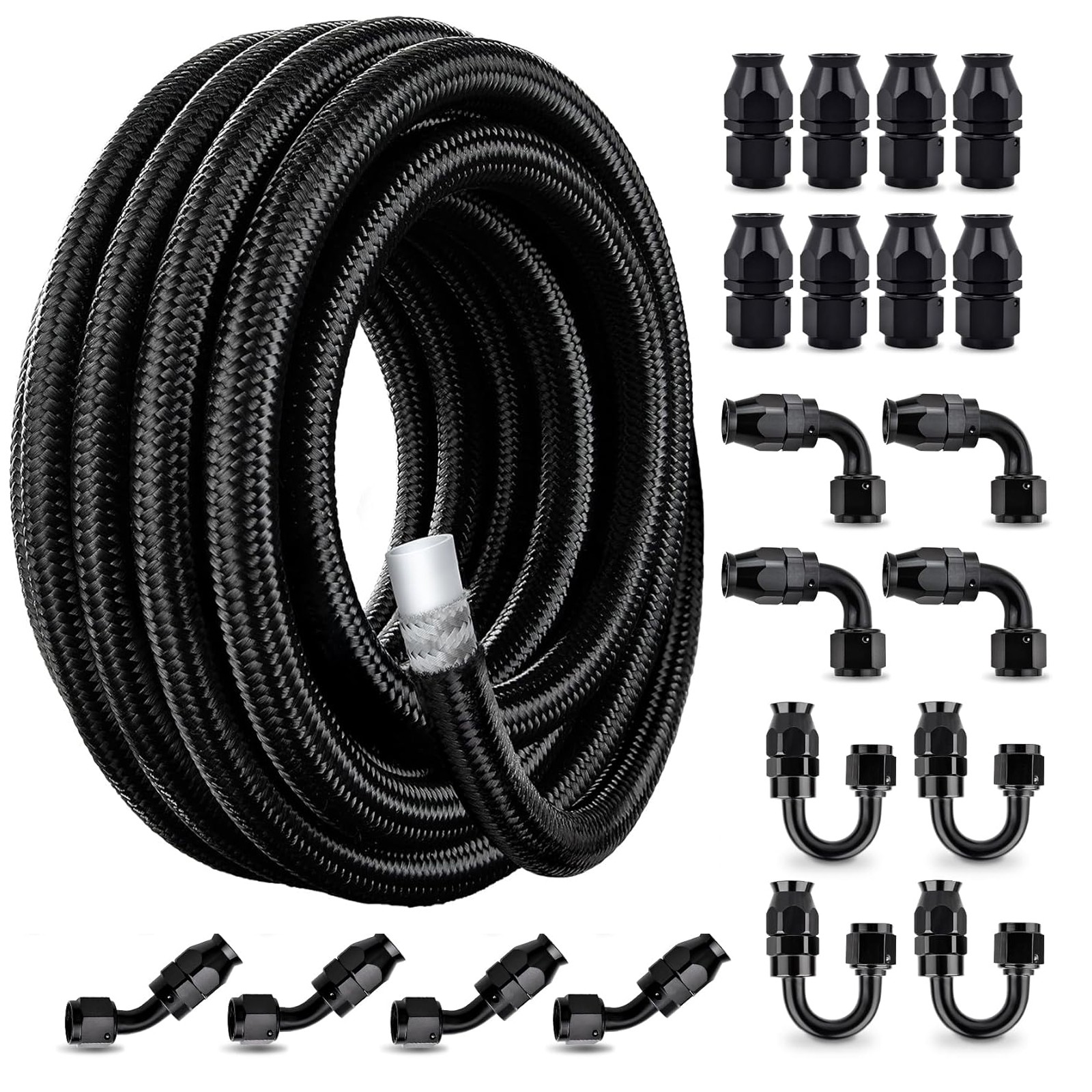 30FT 6AN-8AN-10AN PTFE E85 Nylon Braided Fuel Line Hose Kit w/20 Fittings