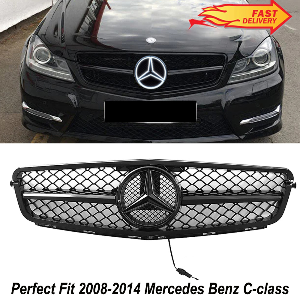 For 2008-2014 Mercedes Benz W204 C250 C300 C350 Front Grille Grill W/LED Emblem