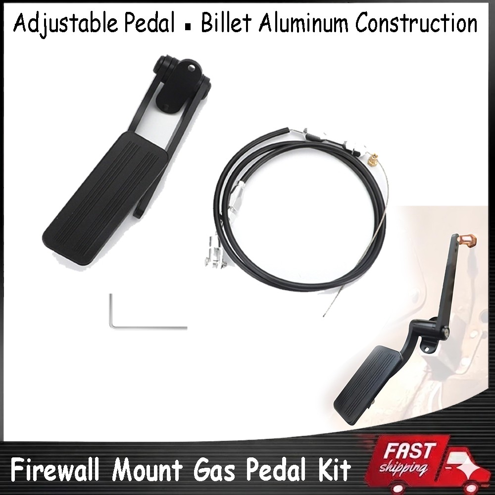 Universal Firewall Mount Gas Pedal Throttle Cable Kit Billet Pedal & Black Cable