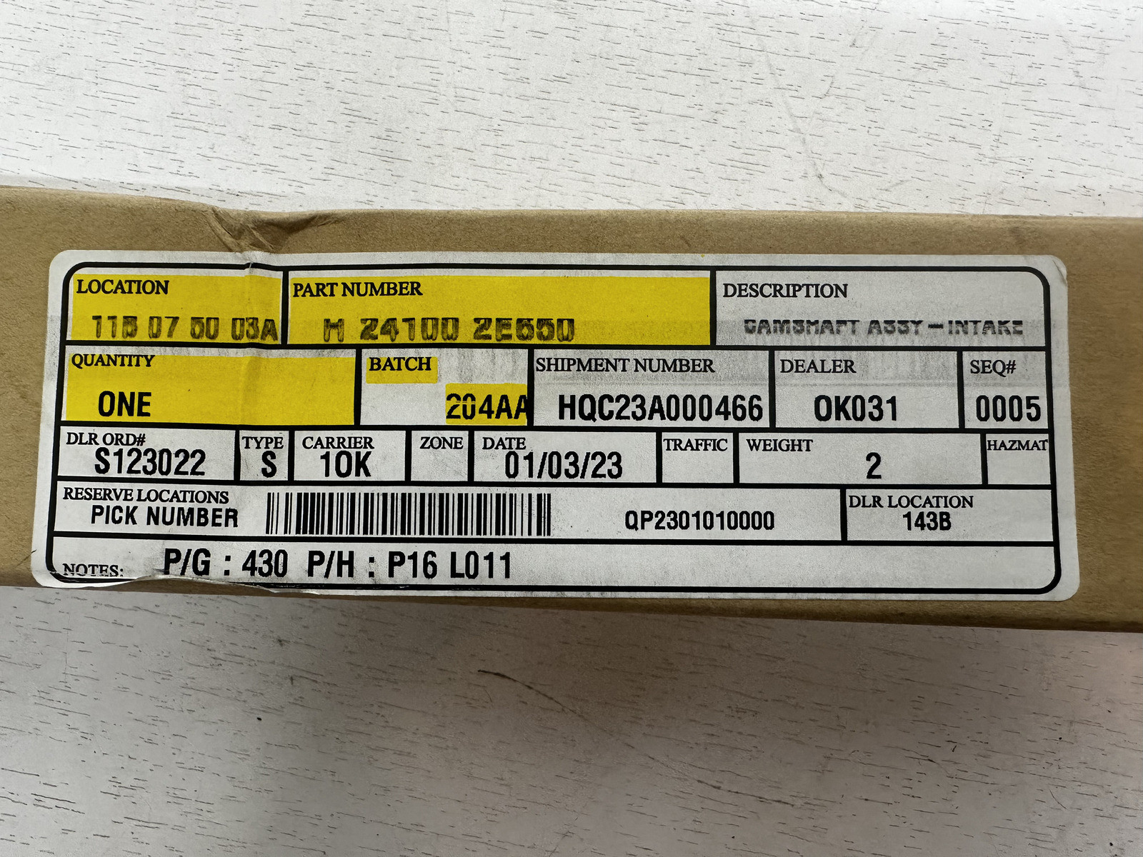 2016-19 HYUNDAI SONATA INTAKE  CAMSHAFT ASSY OEM PART # 24100-2E650