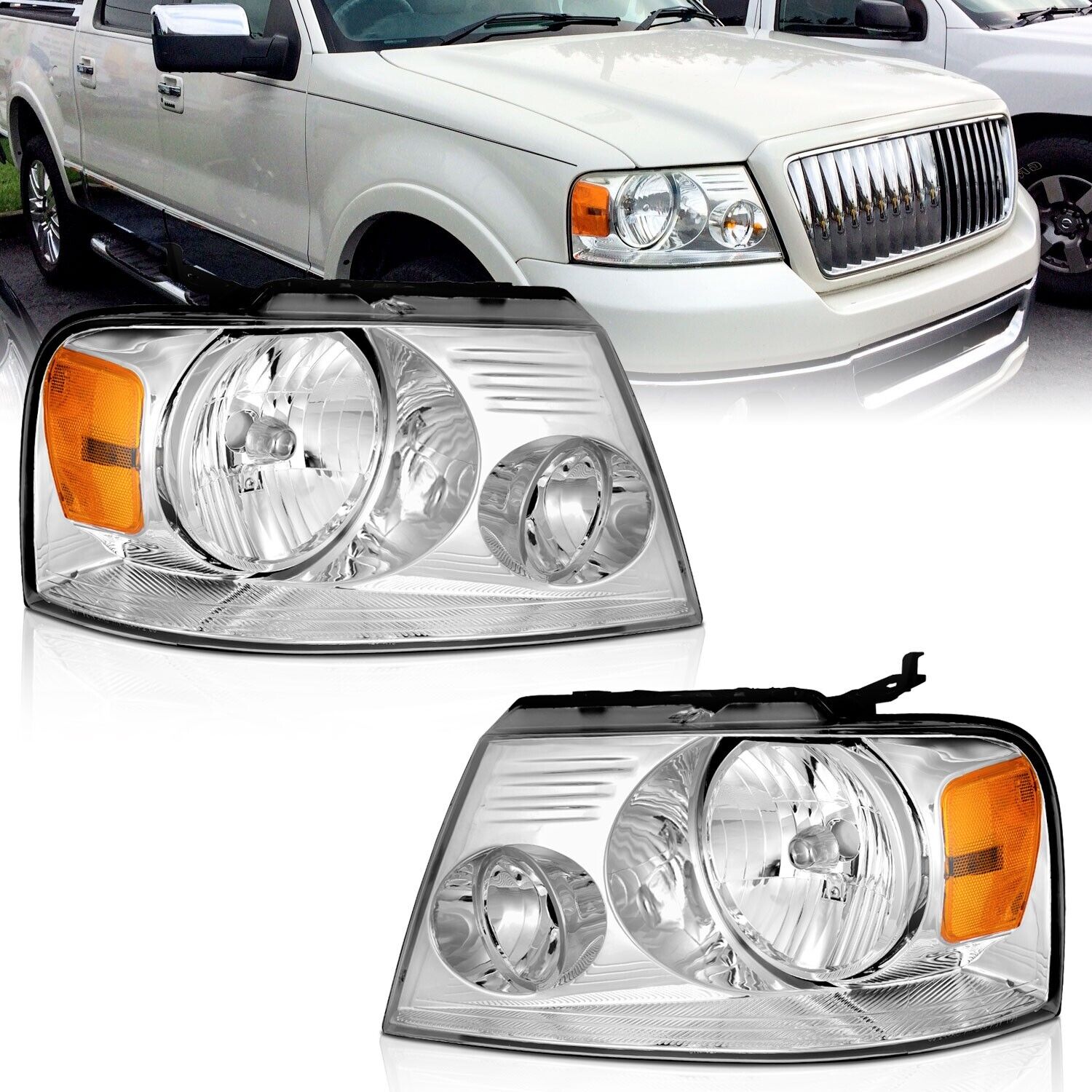 WEELMOTO For 2004-2008 Ford F-150 F150 Chrome Headlights Assembly Pair Lamps
