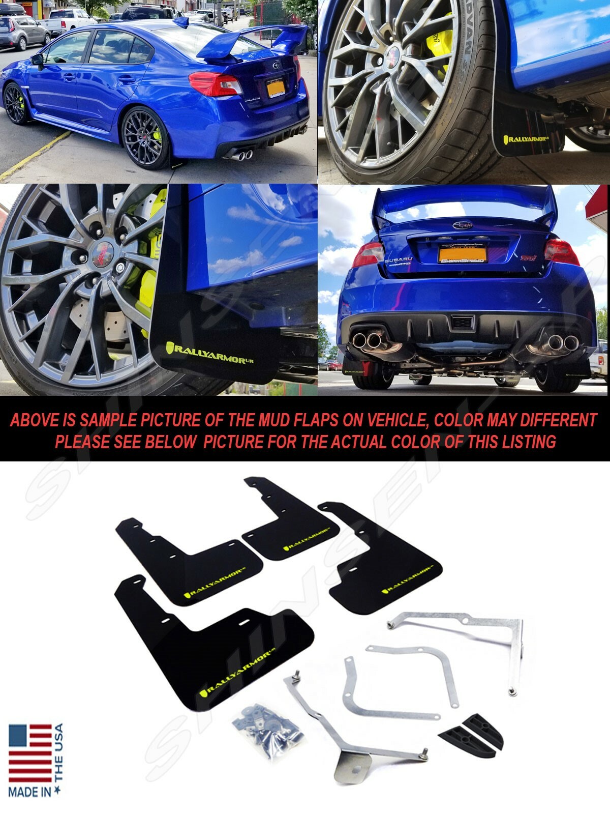 Rally Armor UR Black Mud Flaps w/ Caliper Green Logo for 2015-2021 WRX & STI