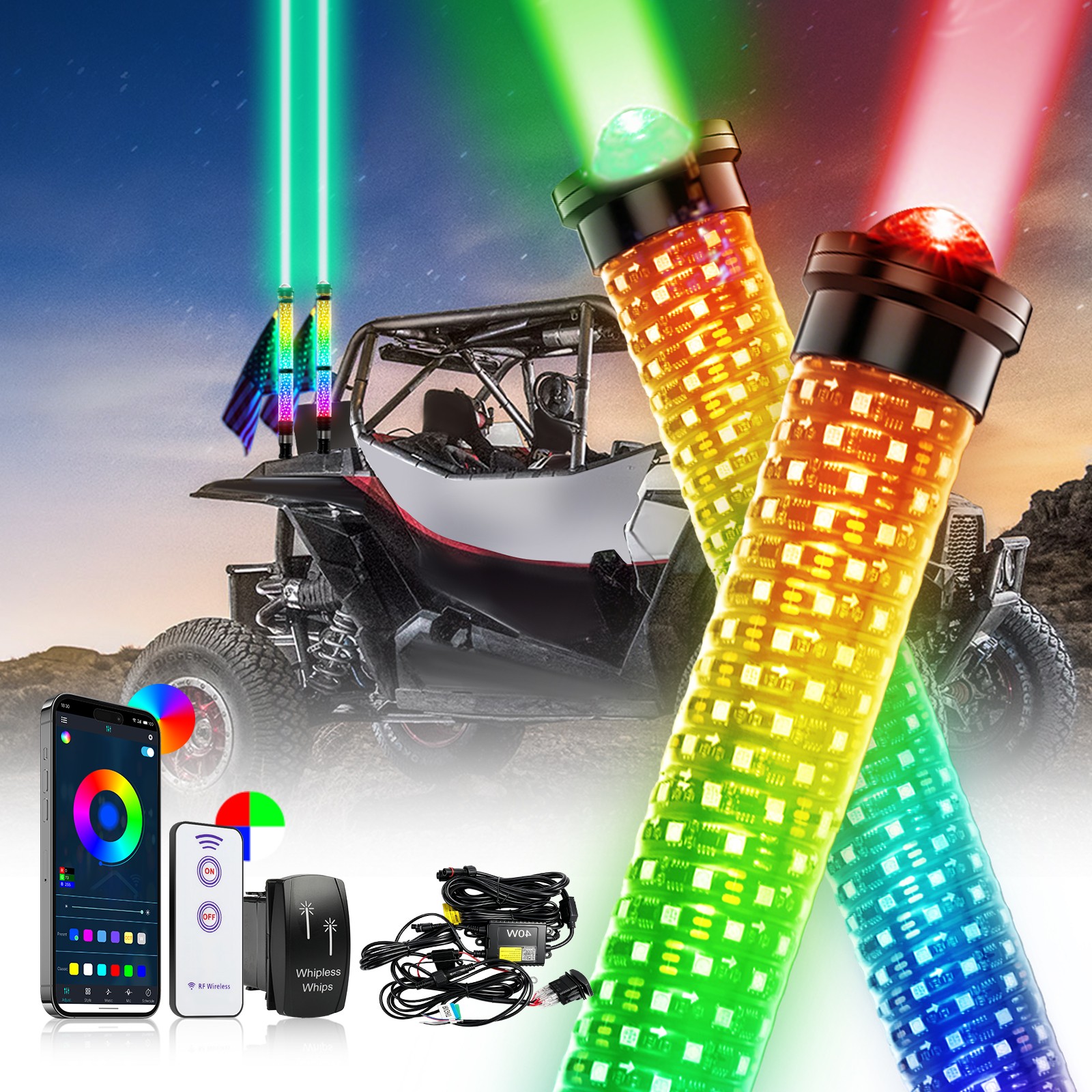 2-IN-1 2FT Fat Whip Lights Spiral Chasing Laser Whip Lighted Antenna For X3 RZR