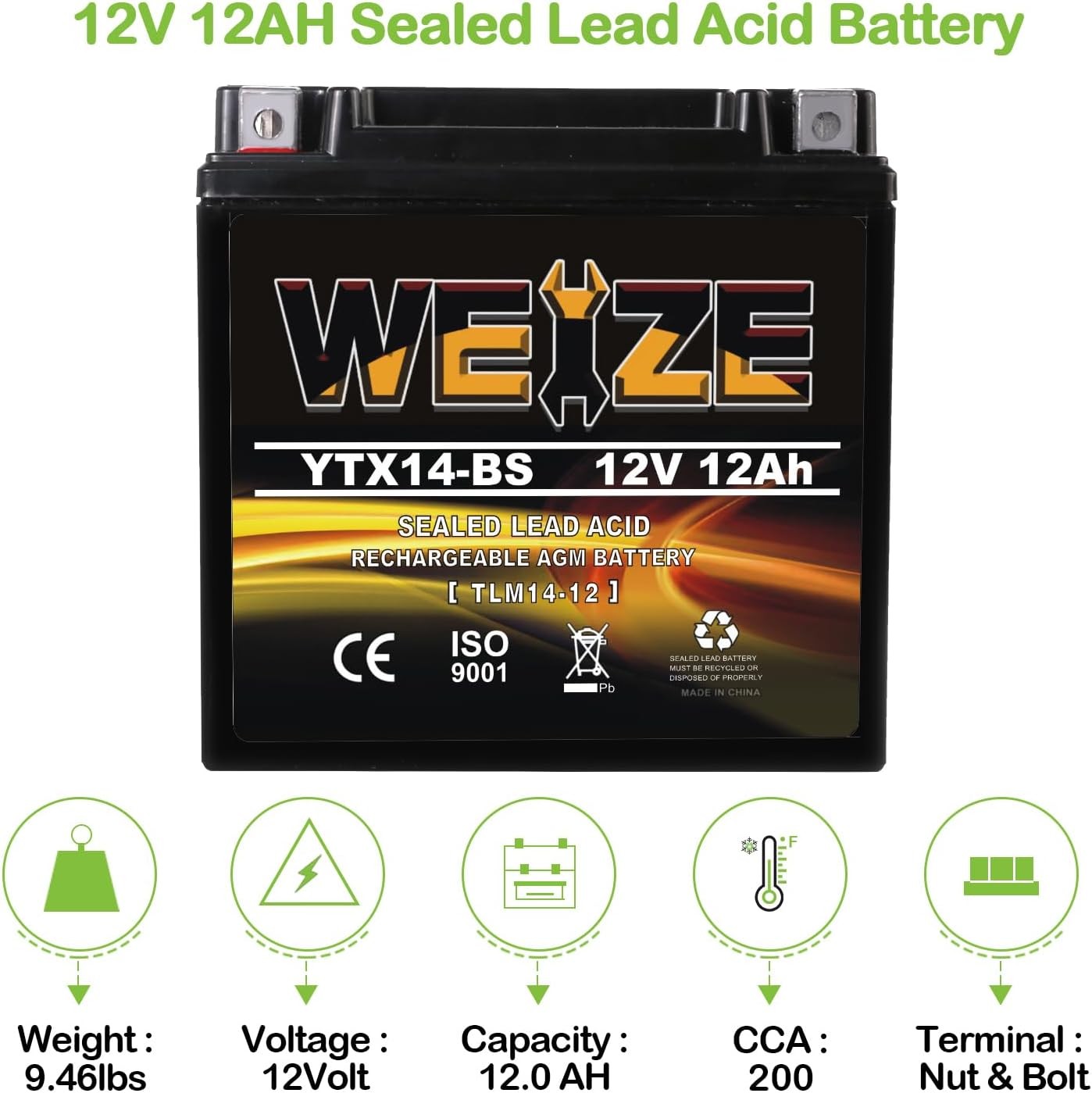 Weize YTX14-BS 12V AGM Battery High Performance for Honda Yamaha Kawasaki