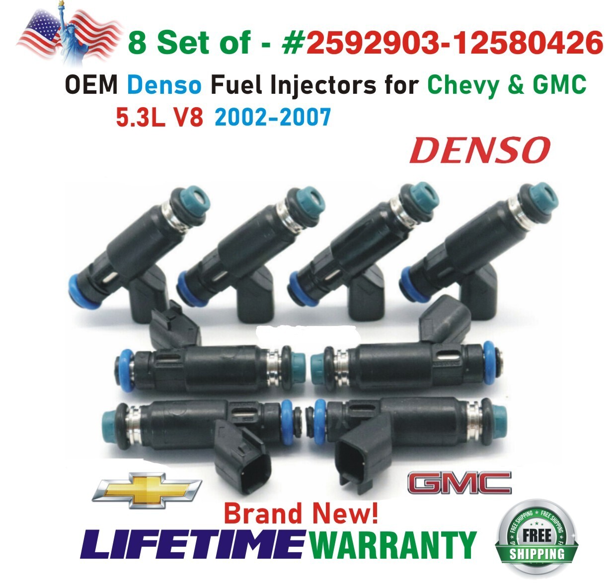 BRAND NEW OEM Denso x8 FLEX Fuel Injectors for 2002-2007 Chevrolet & GMC 5.3L V8