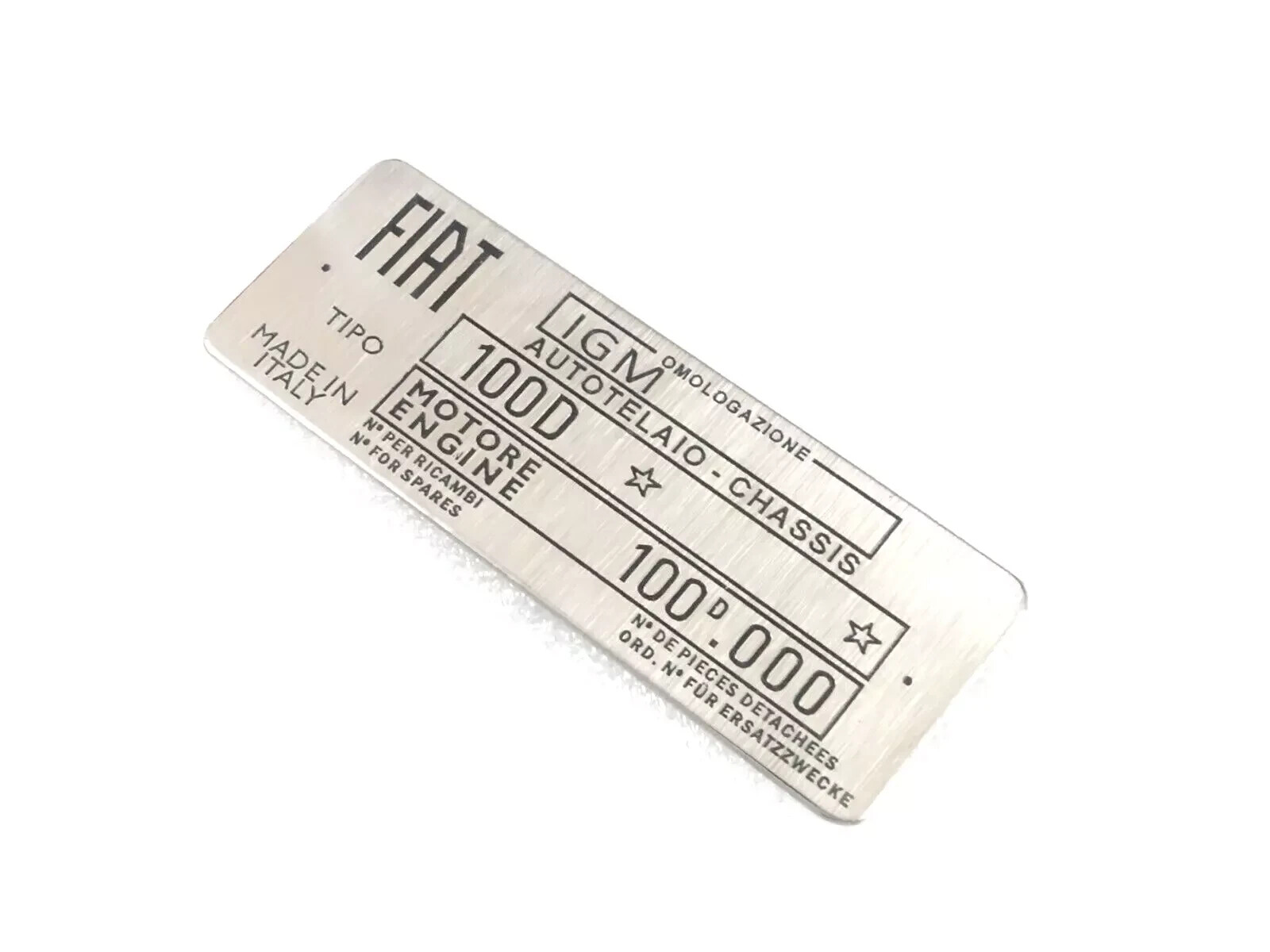 DATA PLATE FOR VINTAGE CLASSIC FIAT 100D 1100 CAR (STAINLESS STEEL) #V378-8 DATA PLATE FOR VINTAGE CLASSIC FIAT 100D 1100 CAR (STAINLESS STEEL) #V378-8