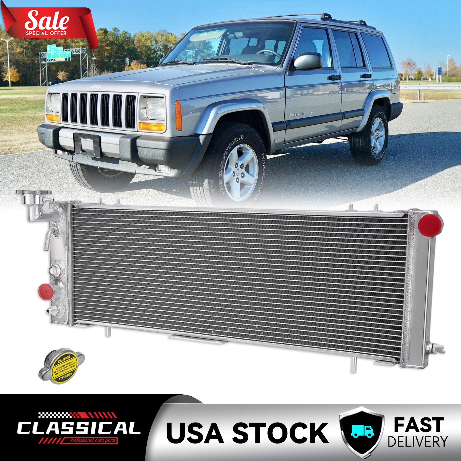 Aluminum Radiator For 1991-2001 98 Jeep Cherokee XJ Comanche 2.5L L4 4.0L L6 AT