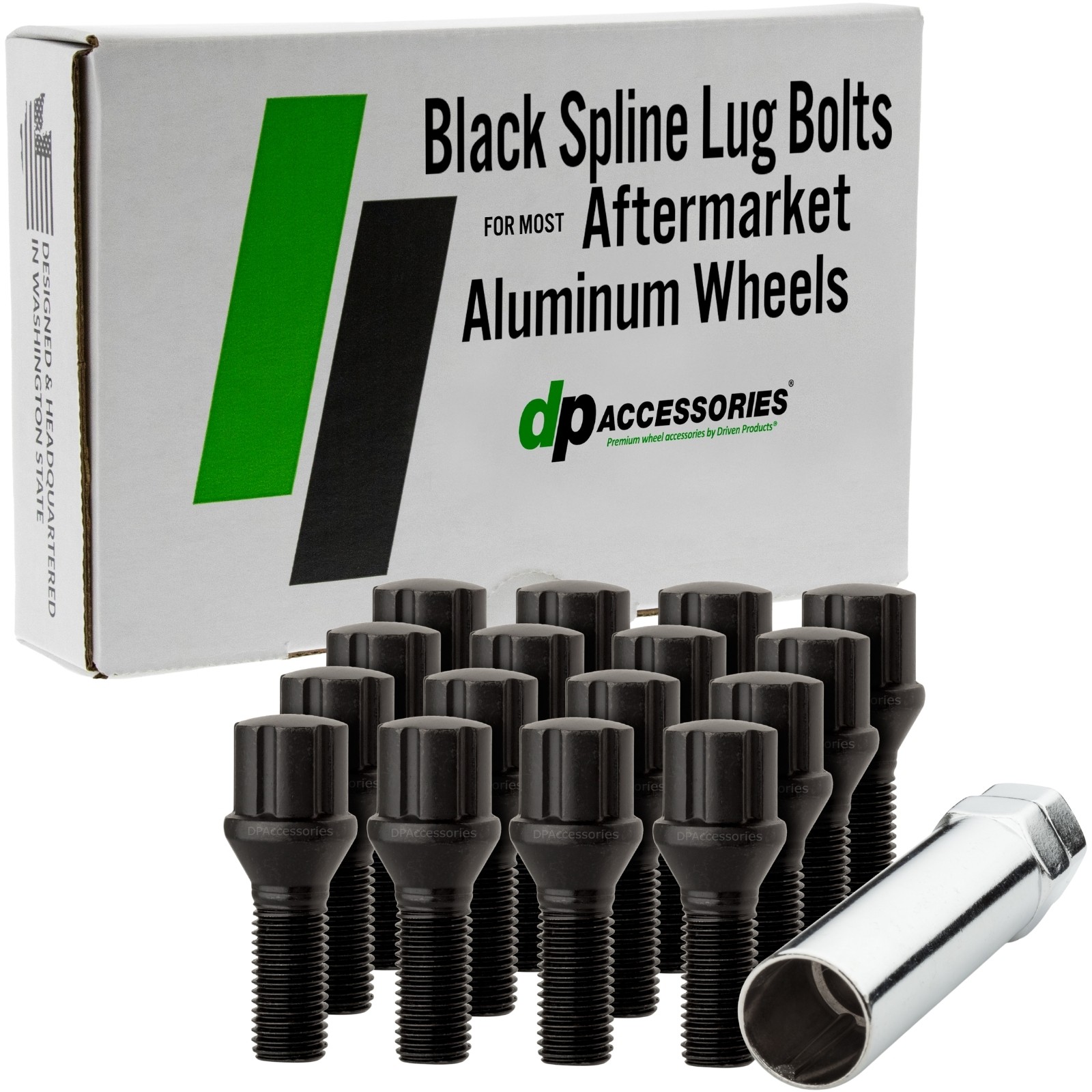 Black M12x1.50 Lug Bolts | Aftermarket Wheels | Spline | 27mm | Set of 16