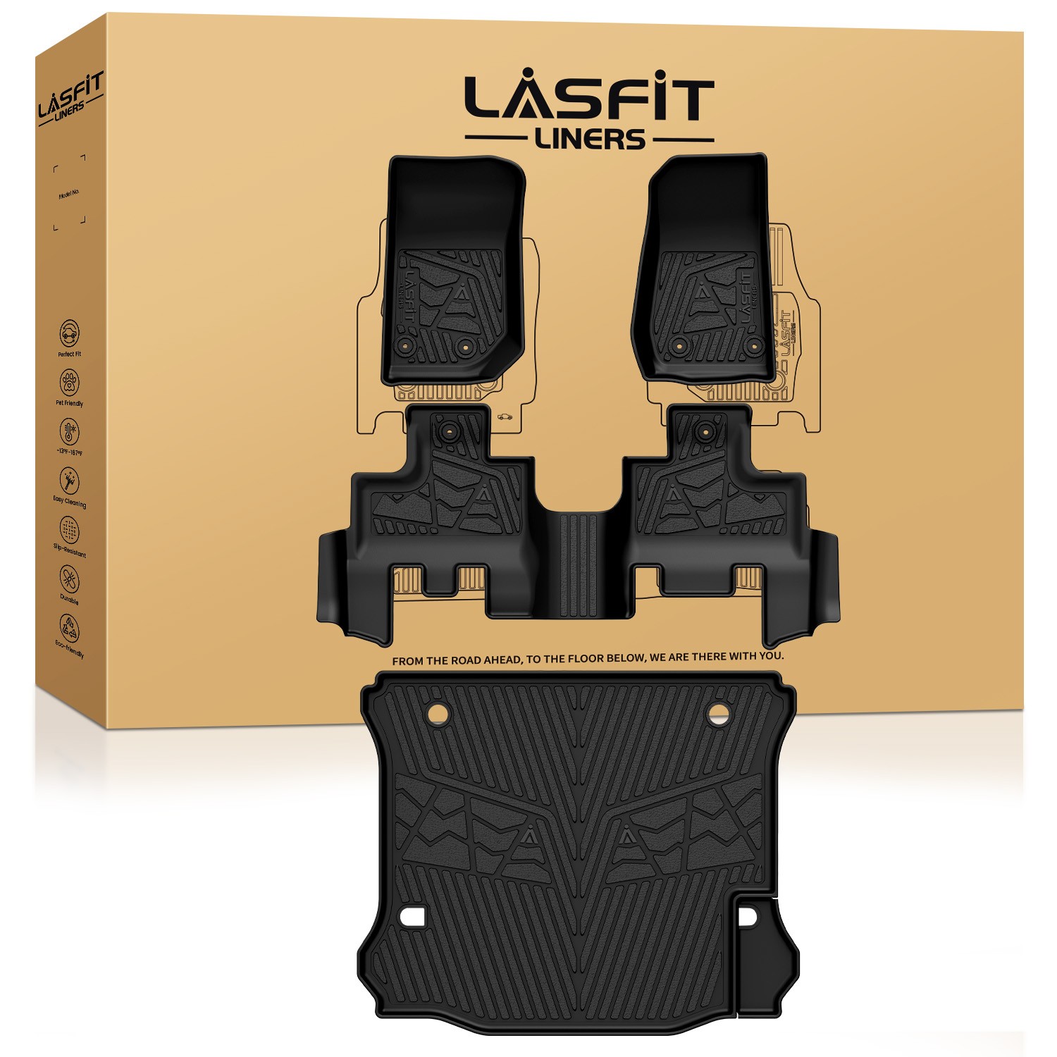 LASFIT Full Coverage 2 Row Floor Mats & Cargo Mat for Jeep Wrangler JK 2014-2018