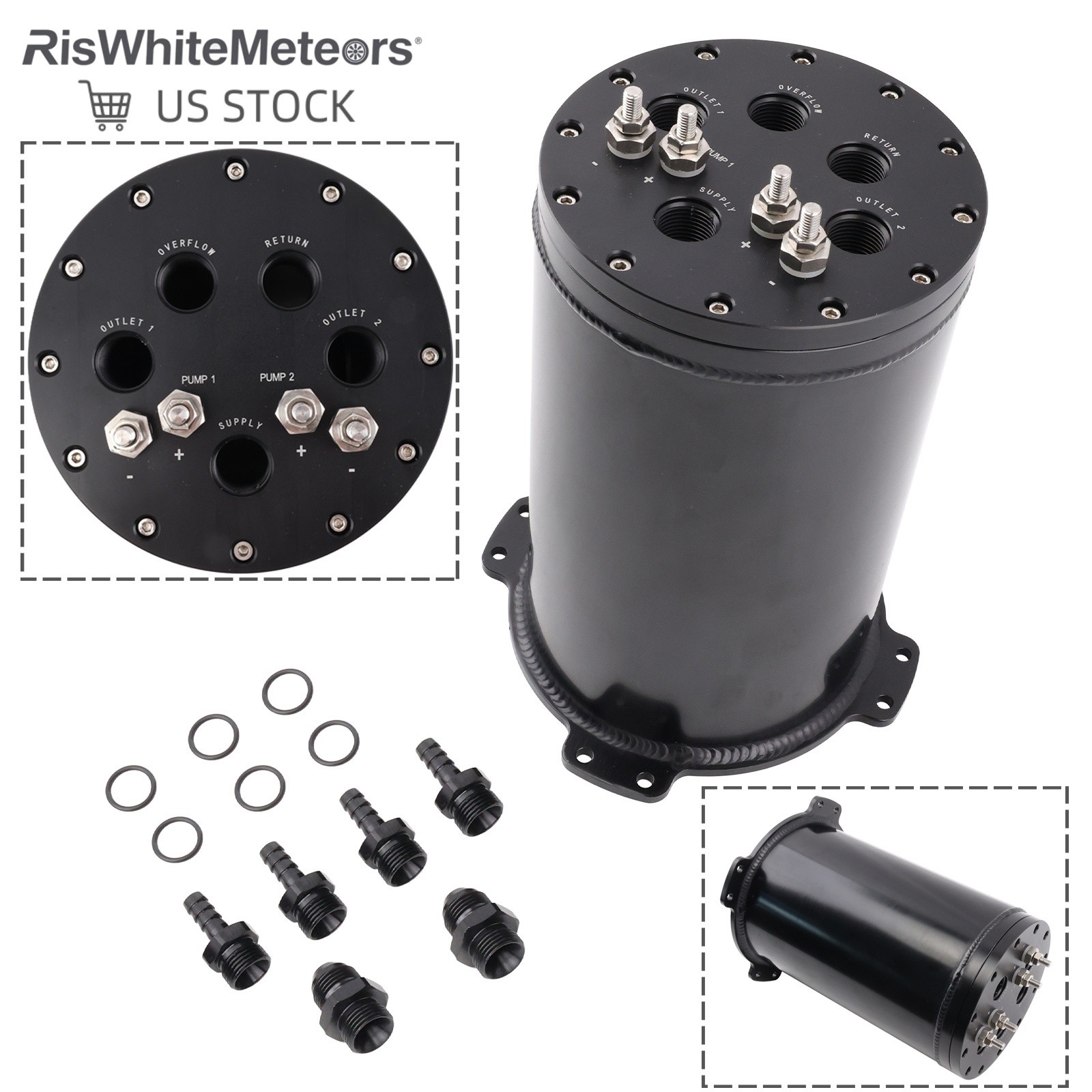 For Single or 2.6L For Dual 39-40mm Pumps 8AN Ports Fuel Surge Tank 2.8L BLACK