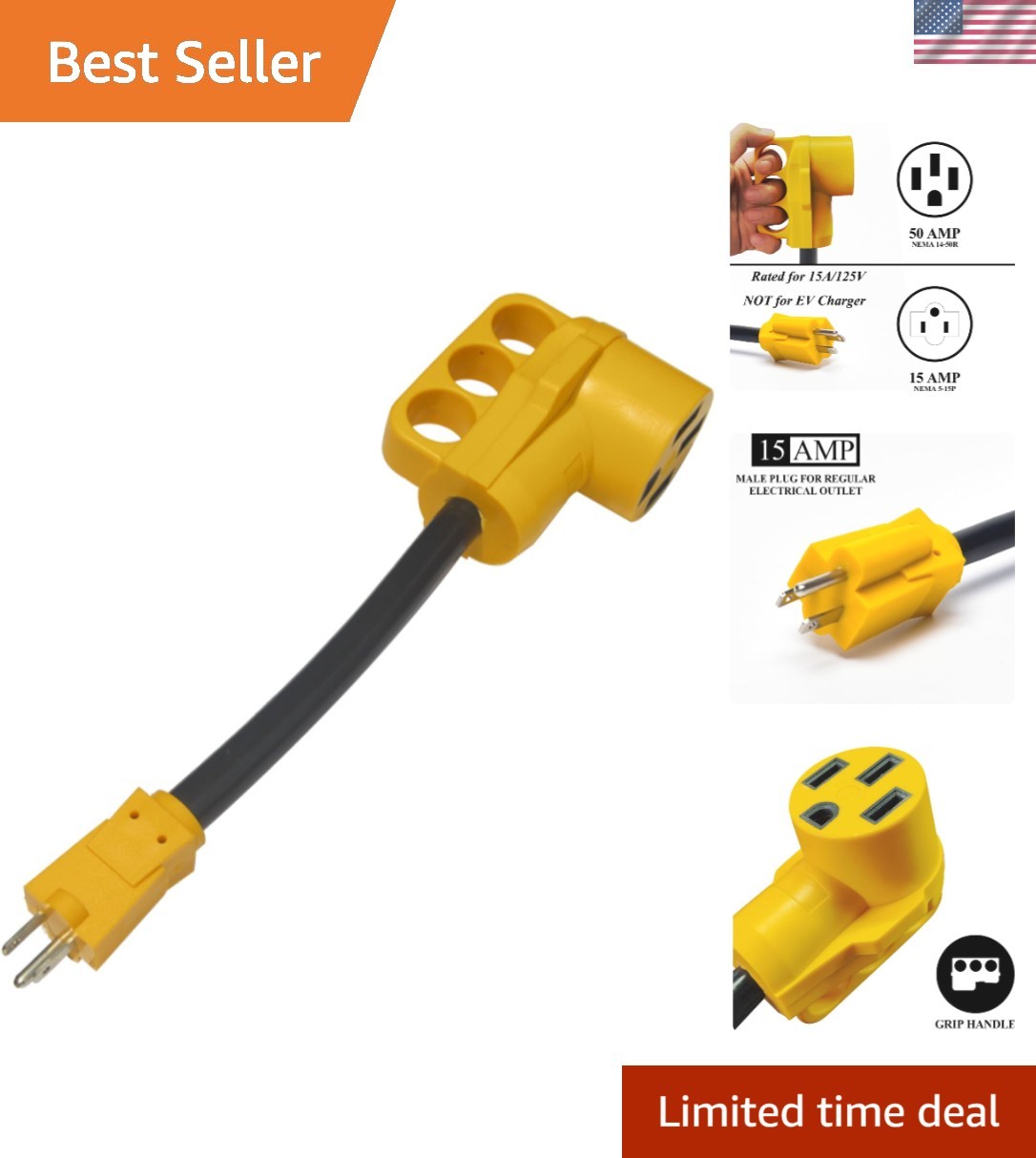 Robust 15A/125V RV Adapter Cord - Connects to 50A with Heavy Duty Length