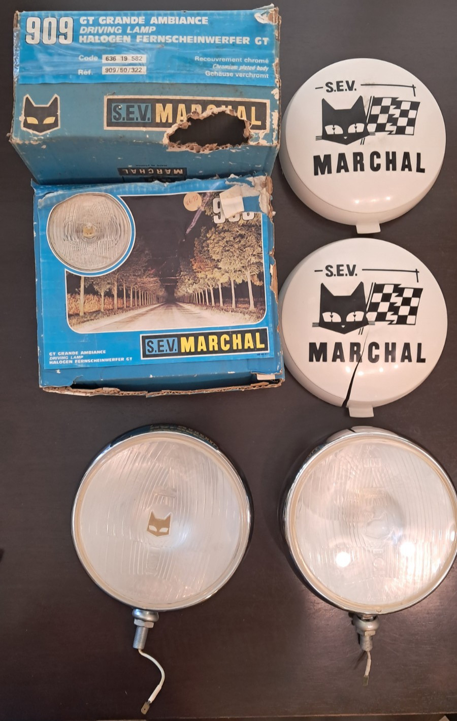 Vintage S.E.V. Marchal 909 GT Grande Ambiance Driving Lamps Pair w/ Covers Rare Vintage S.E.V. Marchal 909 GT Grande Ambiance Driving Lamps Pair w/ Covers Rare