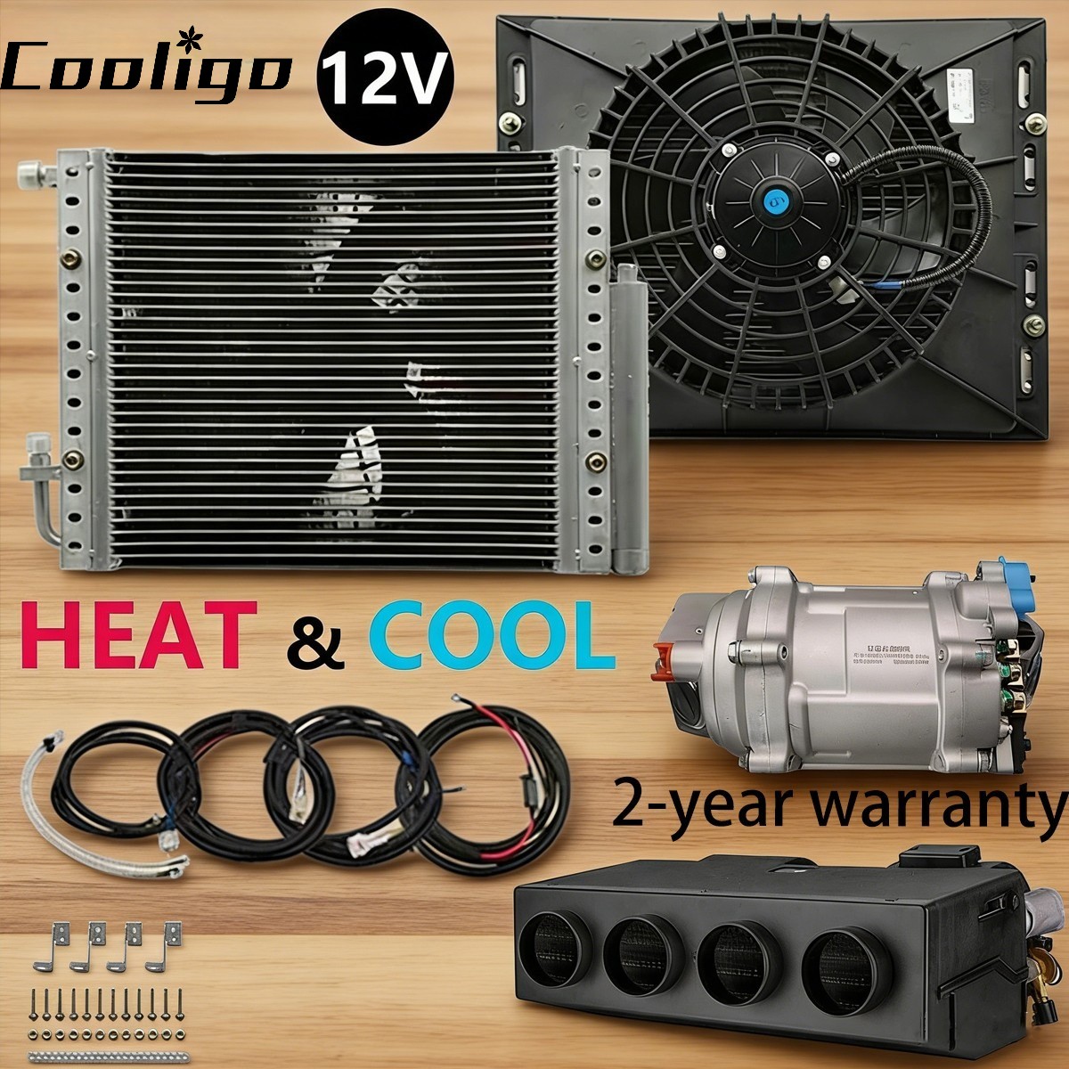 Cooligo 12V DC Underdash AC Kit Electric Universal 12000 BTU Cooling and Heat
