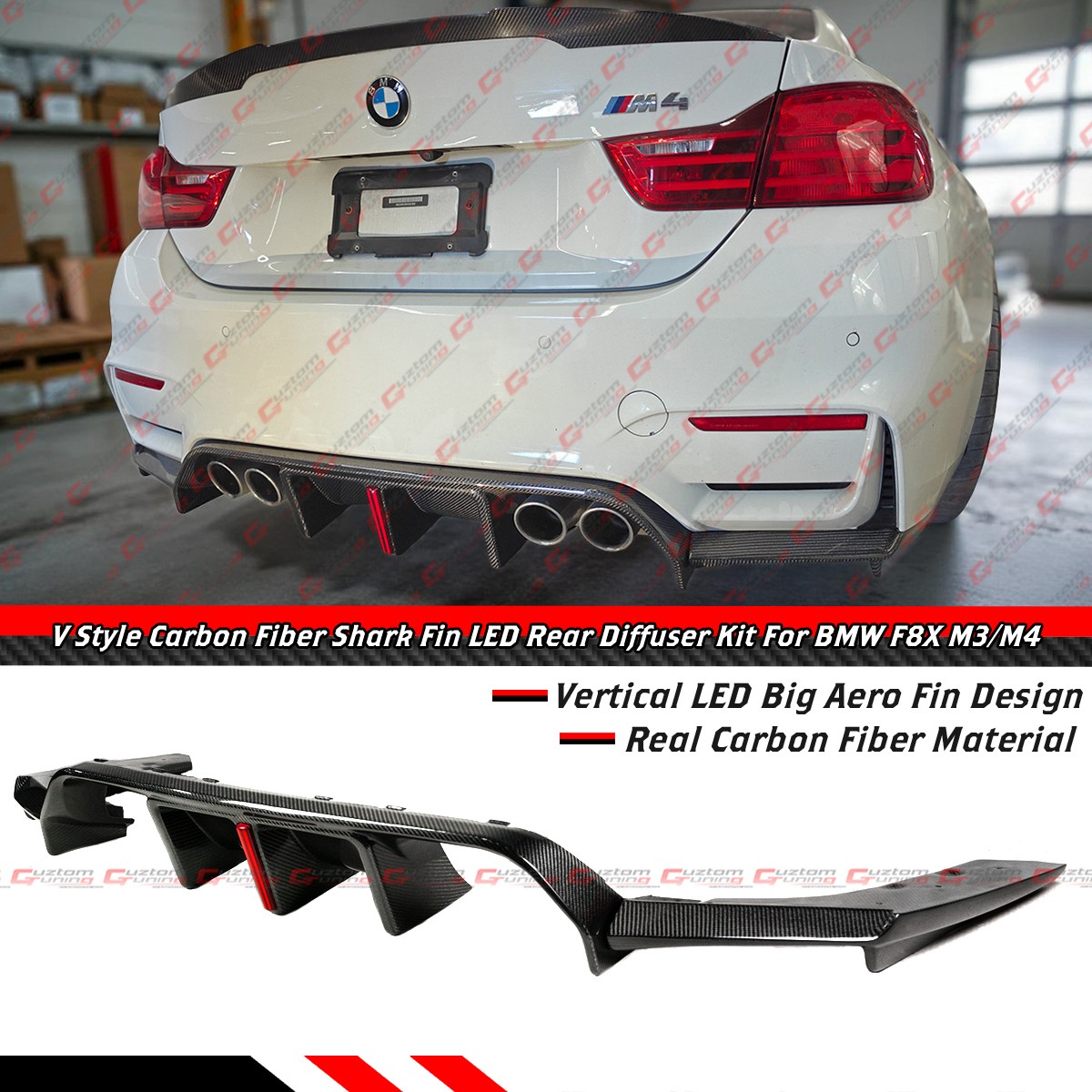 For 2015-19 BMW F80 M3 F82 F83 M4 V Style Carbon Fiber LED Rear Bumper Diffuser For 2015-19 BMW F80 M3 F82 F83 M4 V Style Carbon Fiber LED Rear Bumper Diffuser