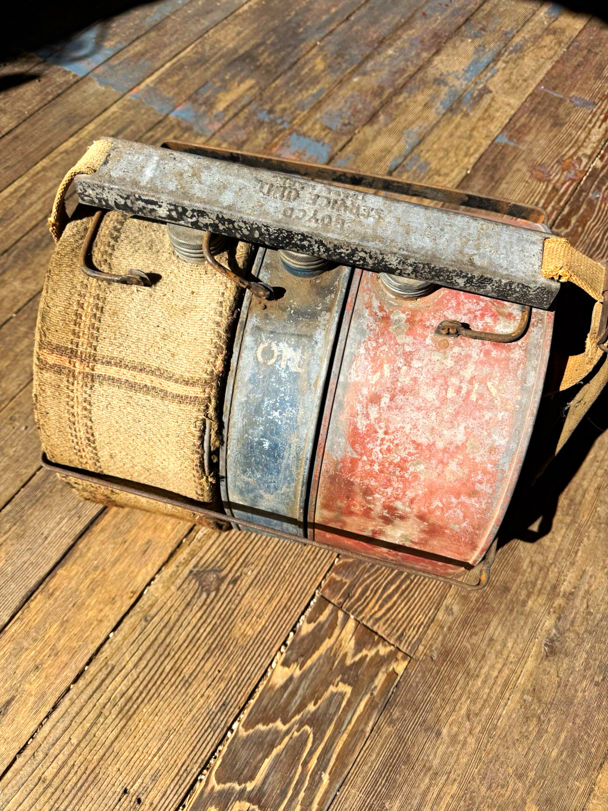 VINTAGE 1920s BOYCO RUNNING BOARD EMERGENCY CAN SET -GAS, OIL, WATER - ORIGINAL