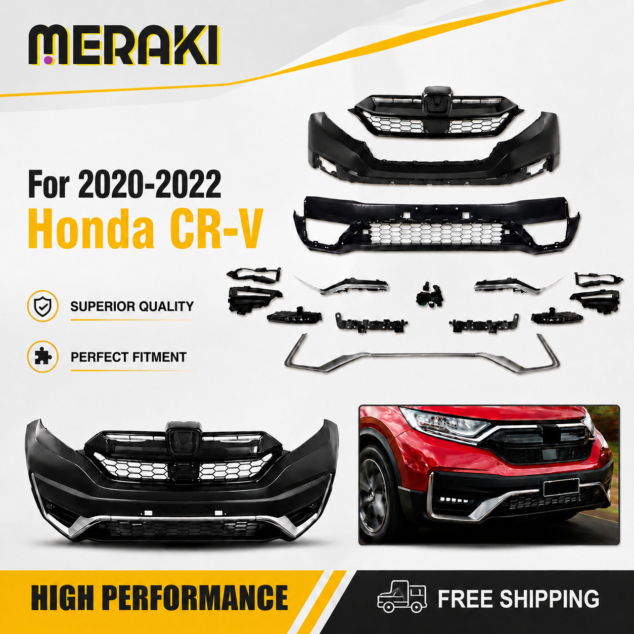 Complete Front Bumper Cover Kit W/ Grille & Fog Lights For 2020-2022 Honda CR-V