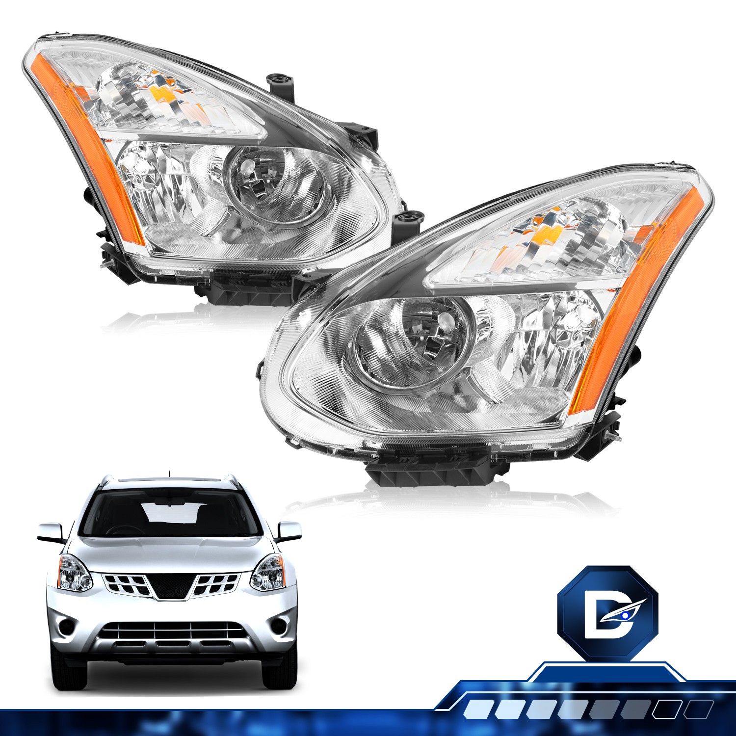 For 2008-2013 Nissan Rogue Chrome Halogen Headlights Replacement Headlamps Pair For 2008-2013 Nissan Rogue Chrome Halogen Headlights Replacement Headlamps Pair