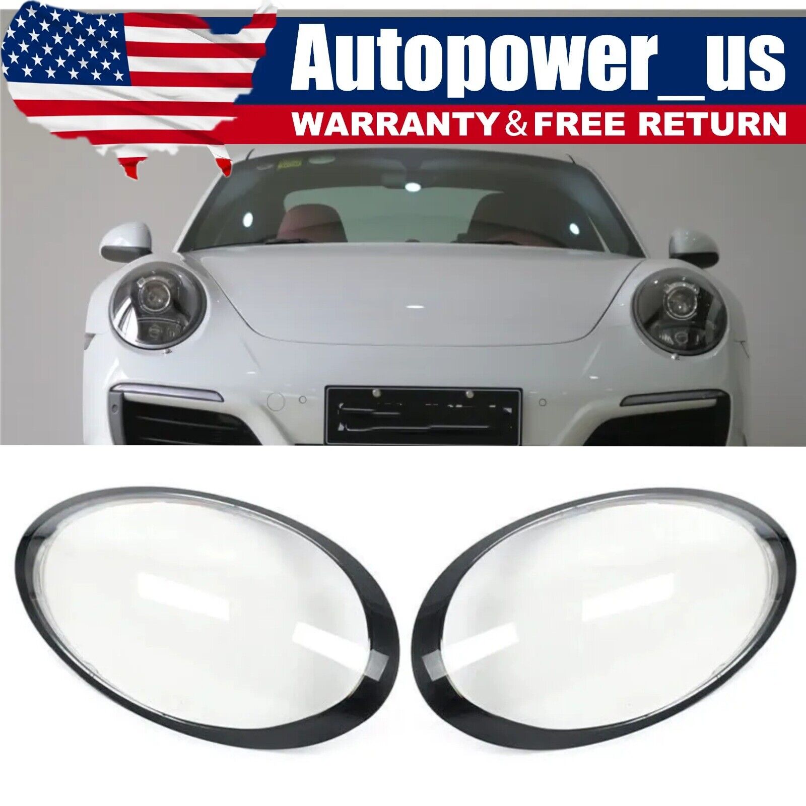 A Set Front Headlight Lens Cover ＆Glue Fit Porsche 991 911 Targa/Carrera 2013-18