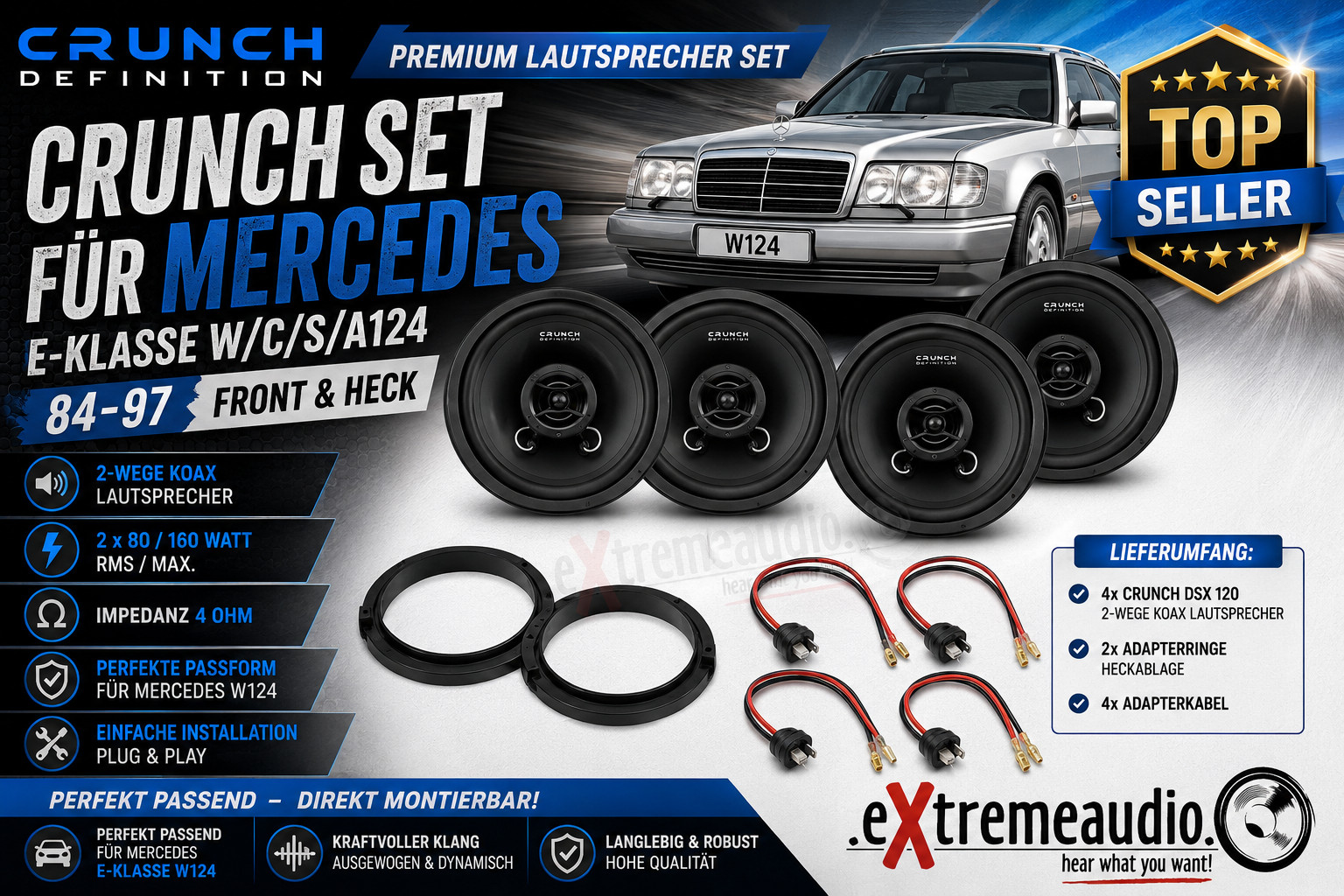 CRUNCH Set For MERCEDES E-Class W/C/S/A124 - 84-97 Front And Rear Speakers