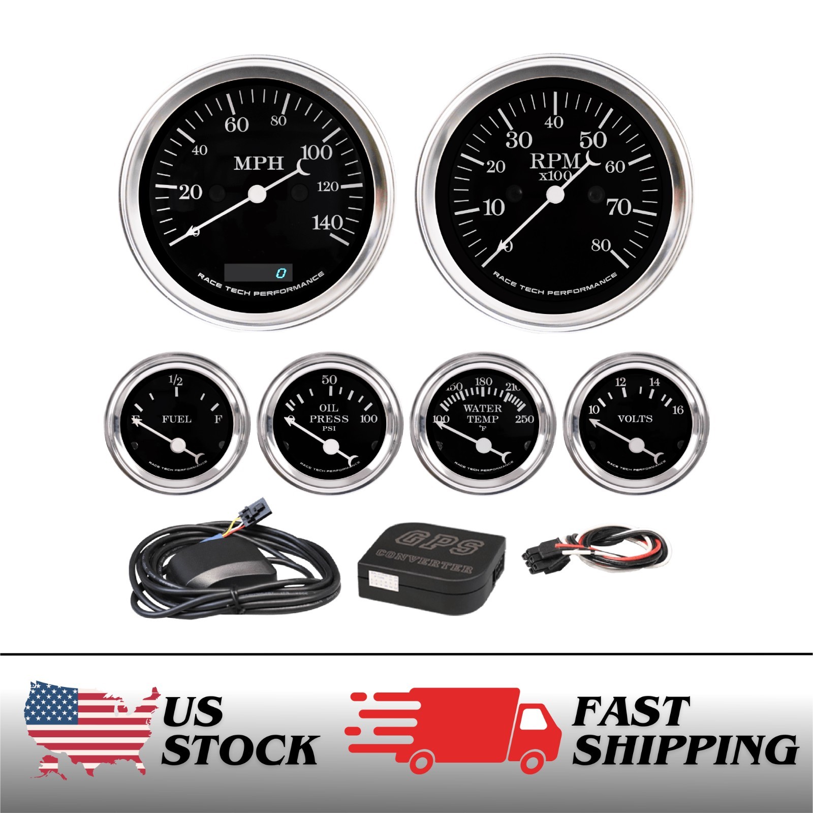 RT Classic 6 Gauge Set GPS Electrical Speedometer Tachometer 140MPH 8000RPM