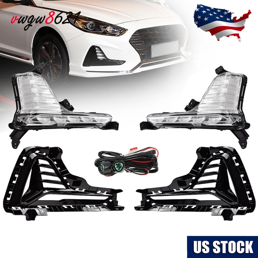 Left & Right Fit 2018-19 Hyundai Sonata LED Fog Light DRL Lamps & Cover Bezels