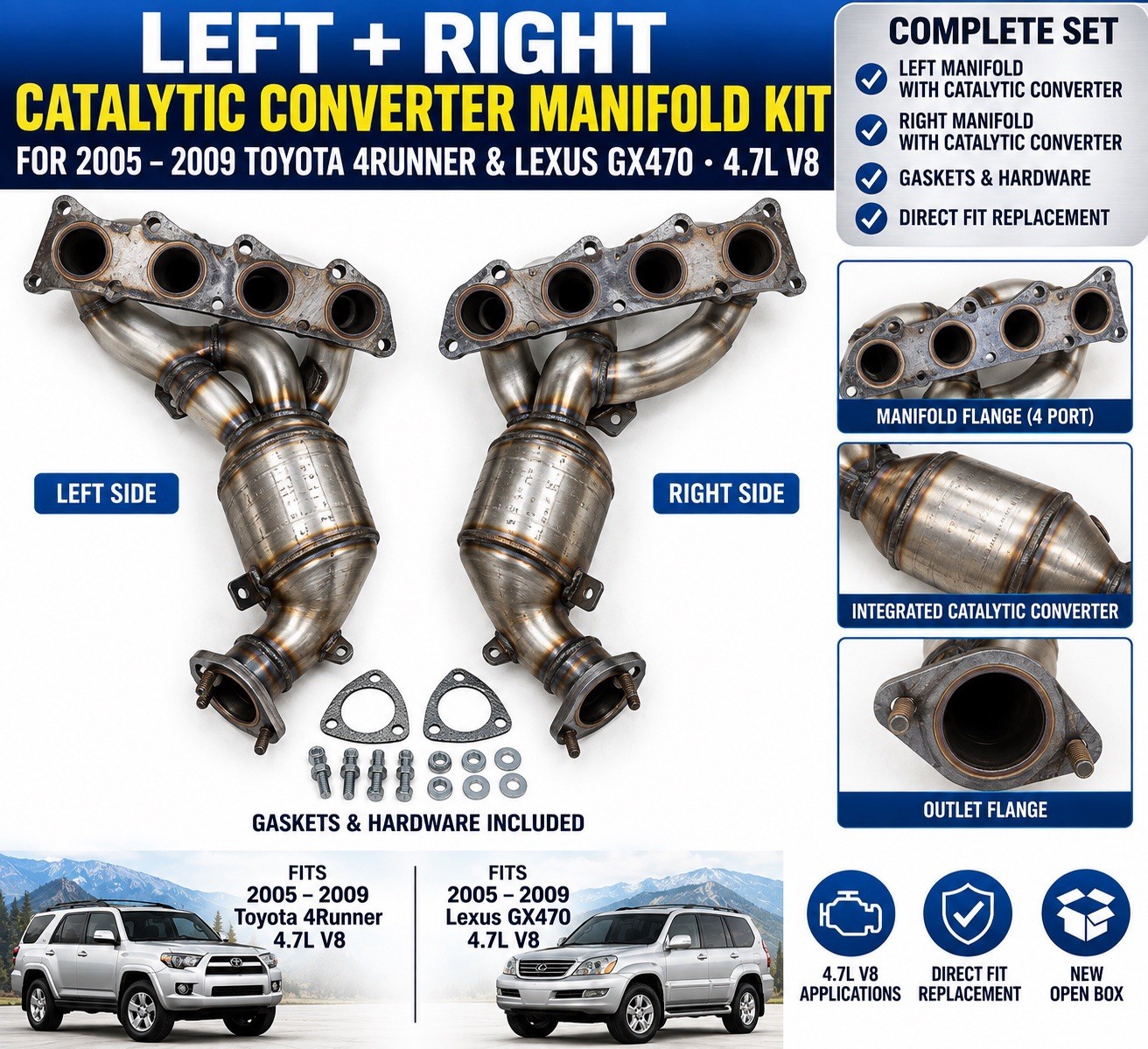 2x Exhaust Catalytic Converter for Toyota 4Runner Lexus GX470 2005-2009 V8 4.7L