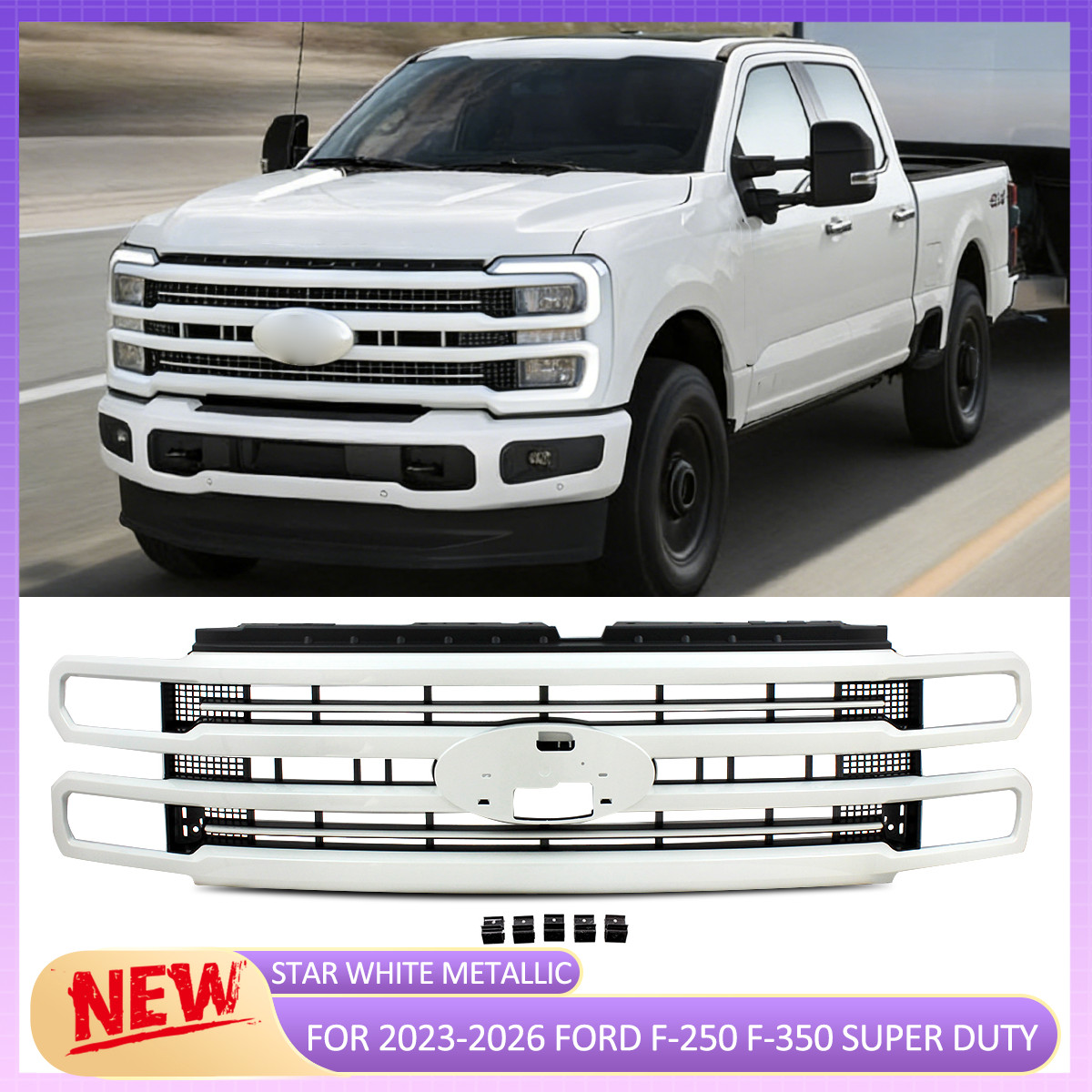 Front Grille AZ Star White Metallic For 2023-2025 Ford F250 F350 Platinum Style 