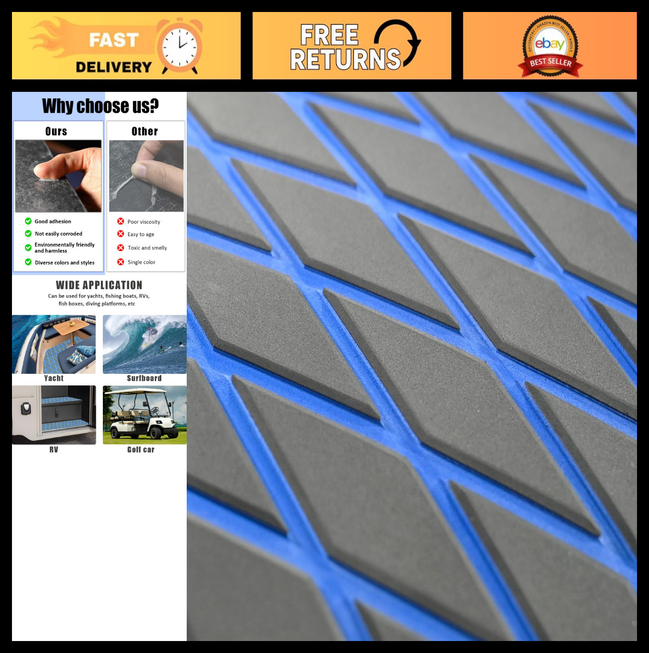 102.3” x 45.2” Non-Slip EVA Foam Boat Flooring - Self-Adhesive Marine Decking 102.3” x 45.2” Non-Slip EVA Foam Boat Flooring - Self-Adhesive Marine Decking