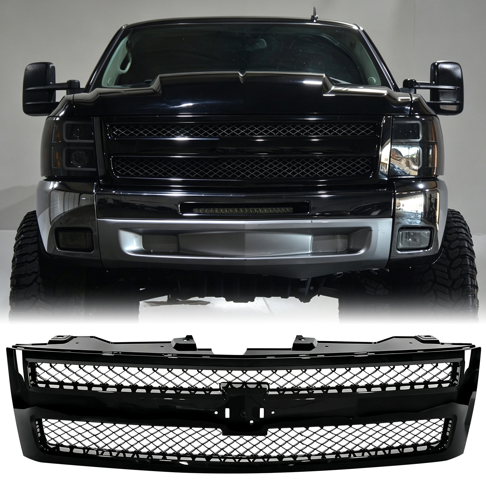 For 2007-2013 Silverado 1500 LS/LT/LTZ/WT Mesh Front Grille Gloss Black