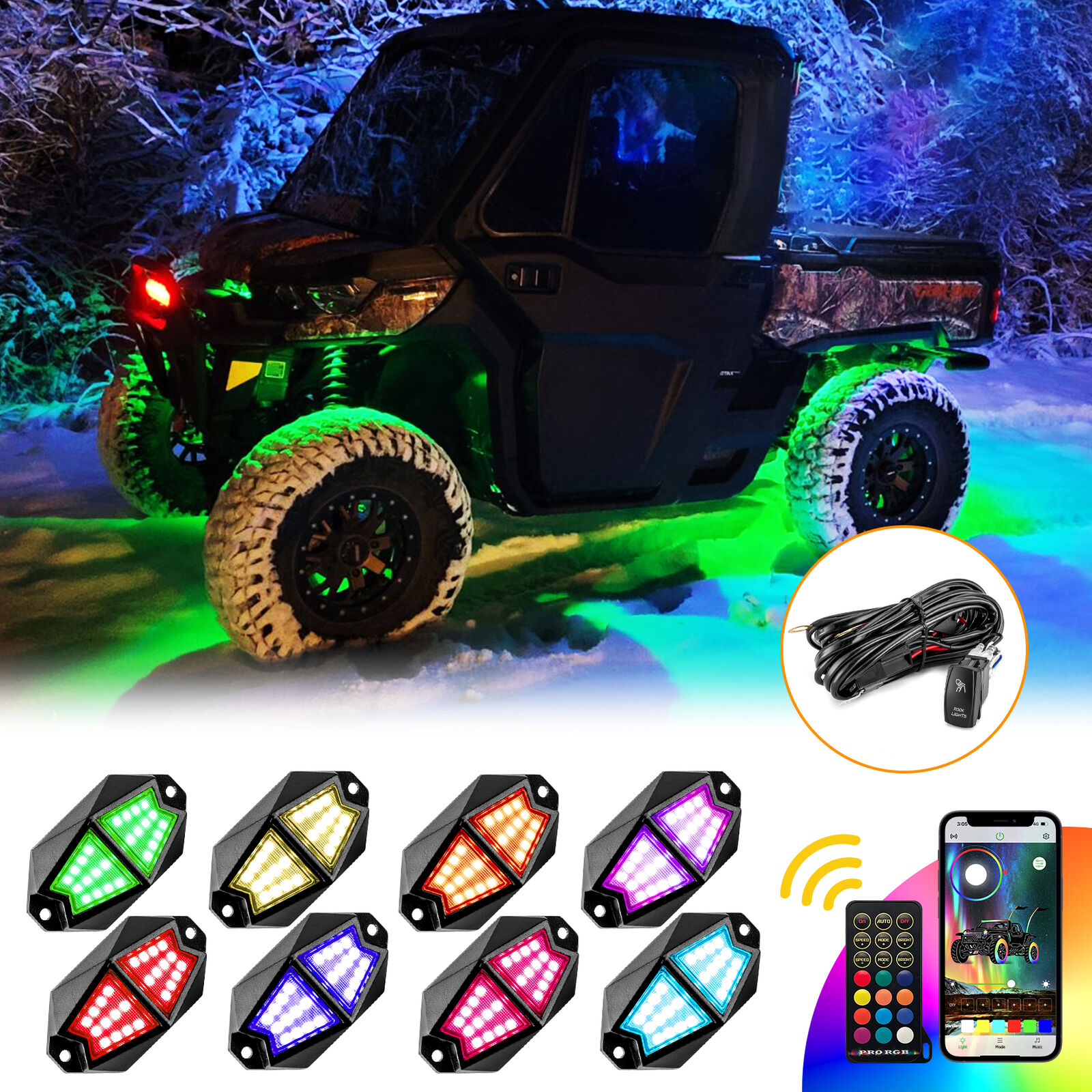 RGB LED Rock Lights Wire Kit 8-Pods Wireless Bluetooth Music Multi Color For RZR
