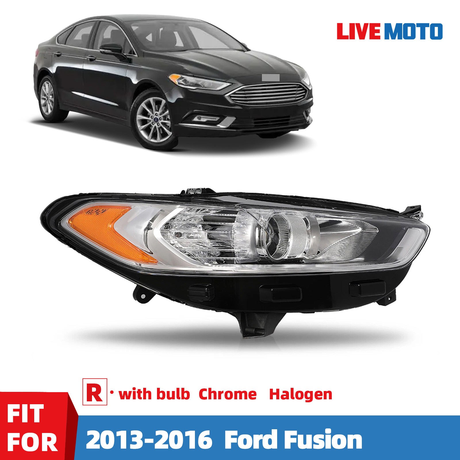 For 2013-2016 Ford Fusion Right Passenger Side Halogen Headlight Chrome Housing