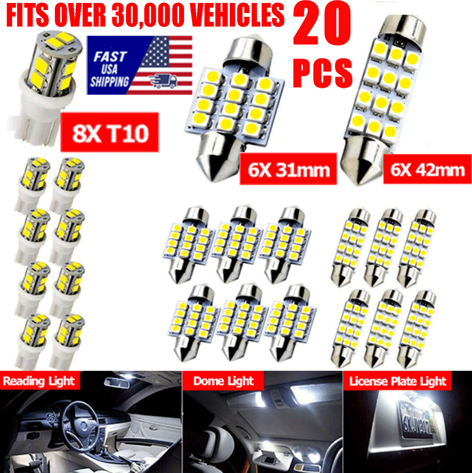 20pcs LED Interior Lights Bulbs Kit Car Trunk Dome License Plate Lamps 6000K