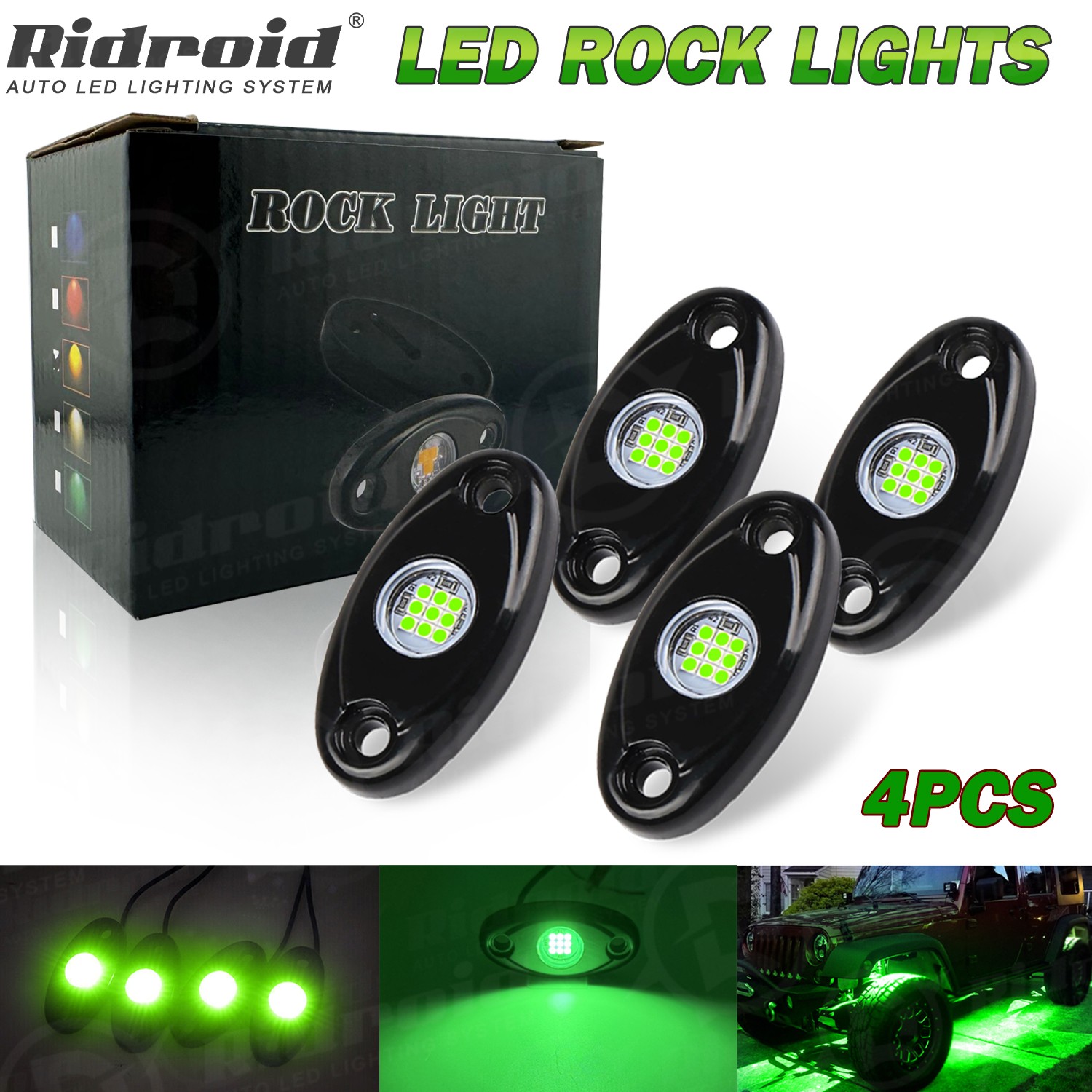 4 Pods Green LED Rock Lights Underbody Glow Lamp for Offroad SUV Pickup Truck