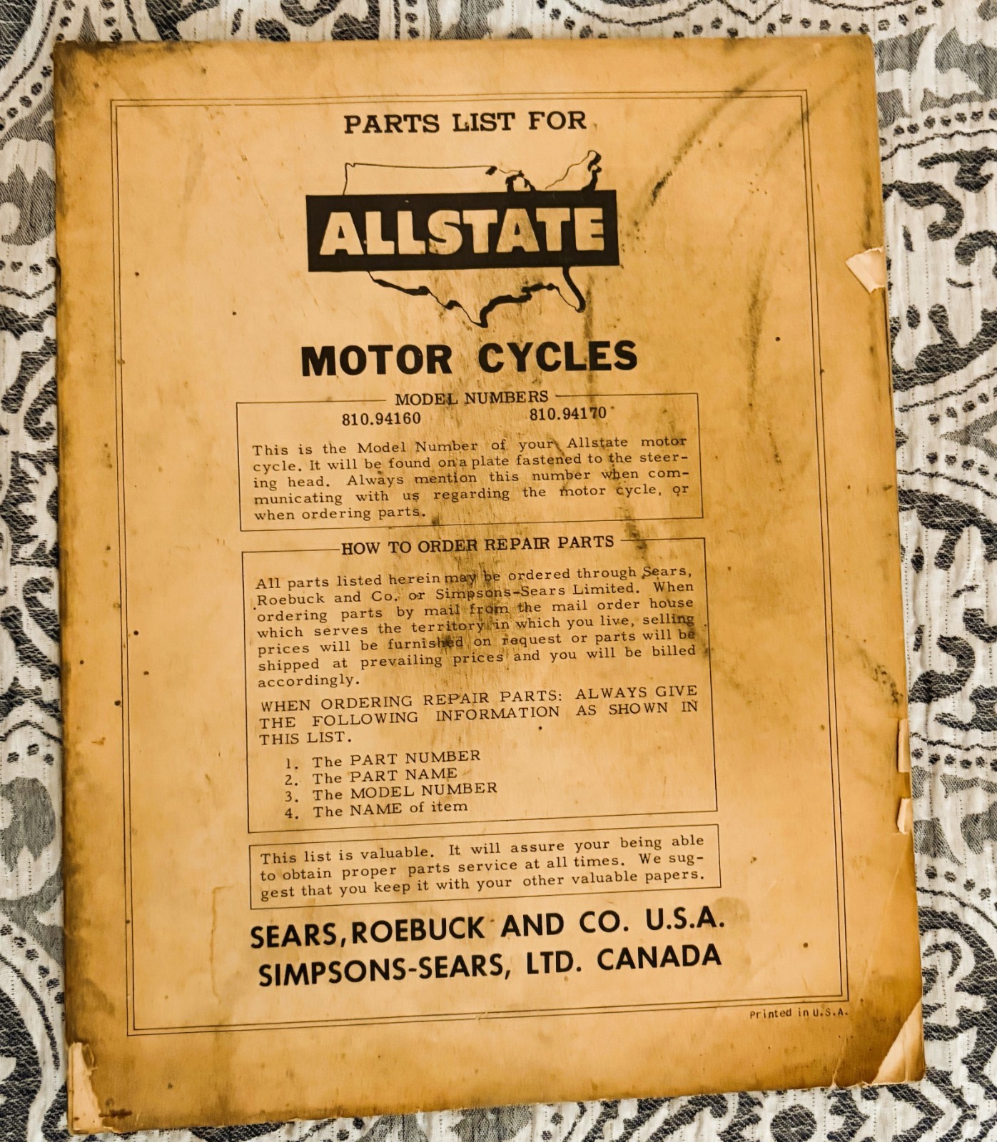 Original Allstate Motor Cycle 175 de luxe parts manual parts list 1950\'s to 1960