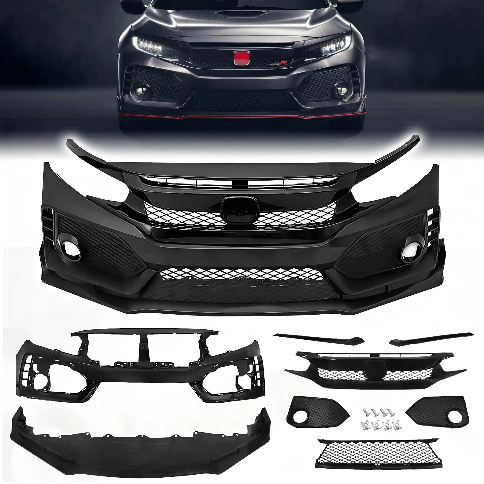 For 2016-2021 Honda Civic Type R Style Front Bumper Cover Kit with Grille & Lip For 2016-2021 Honda Civic Type R Style Front Bumper Cover Kit with Grille & Lip