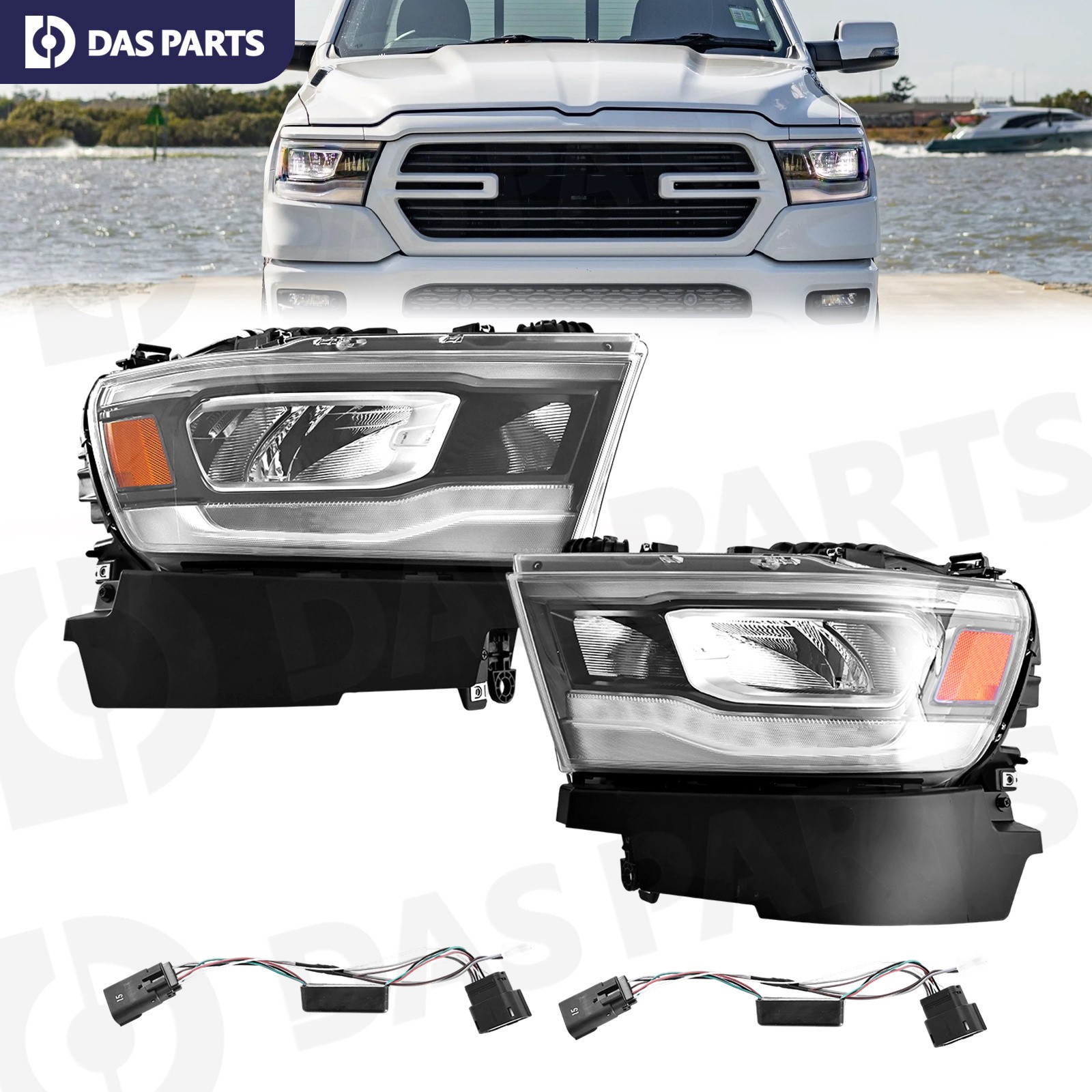Halogen UPGRADE To FULL LED Black Headlight For 2019-2024 Ram 1500 w/Adapter SET