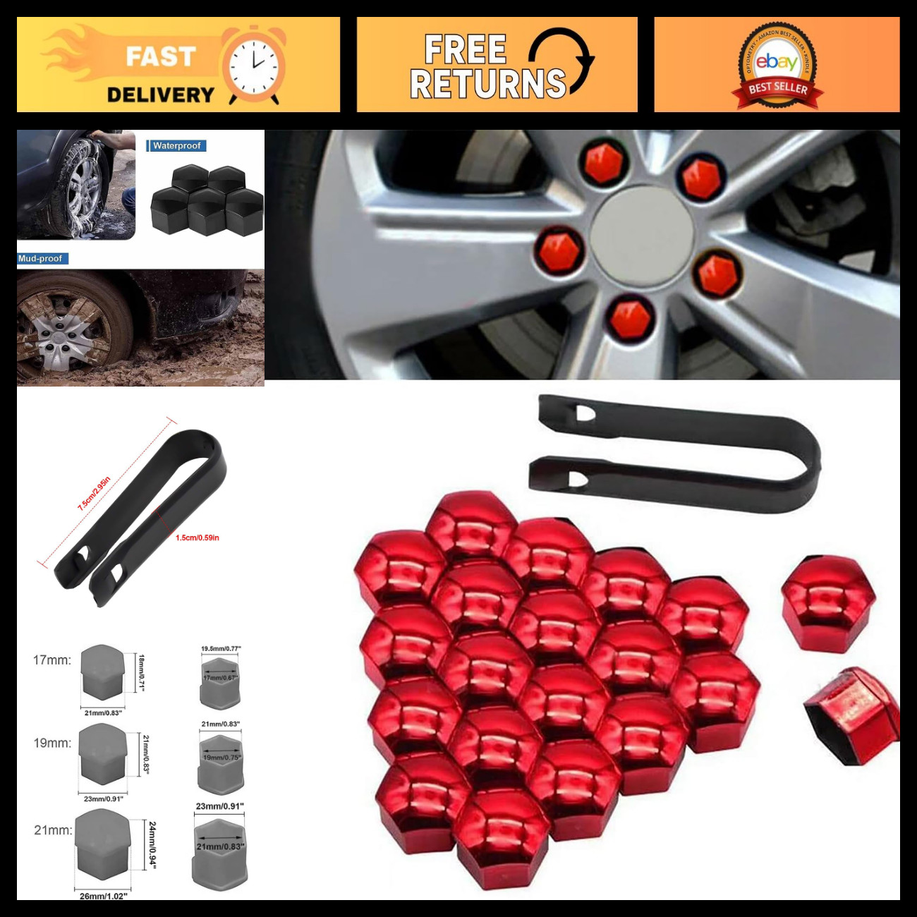 20 PCS Anti-Theft Wheel Nut Covers, Hexagonal Bolt Caps with Removal Tools, Red