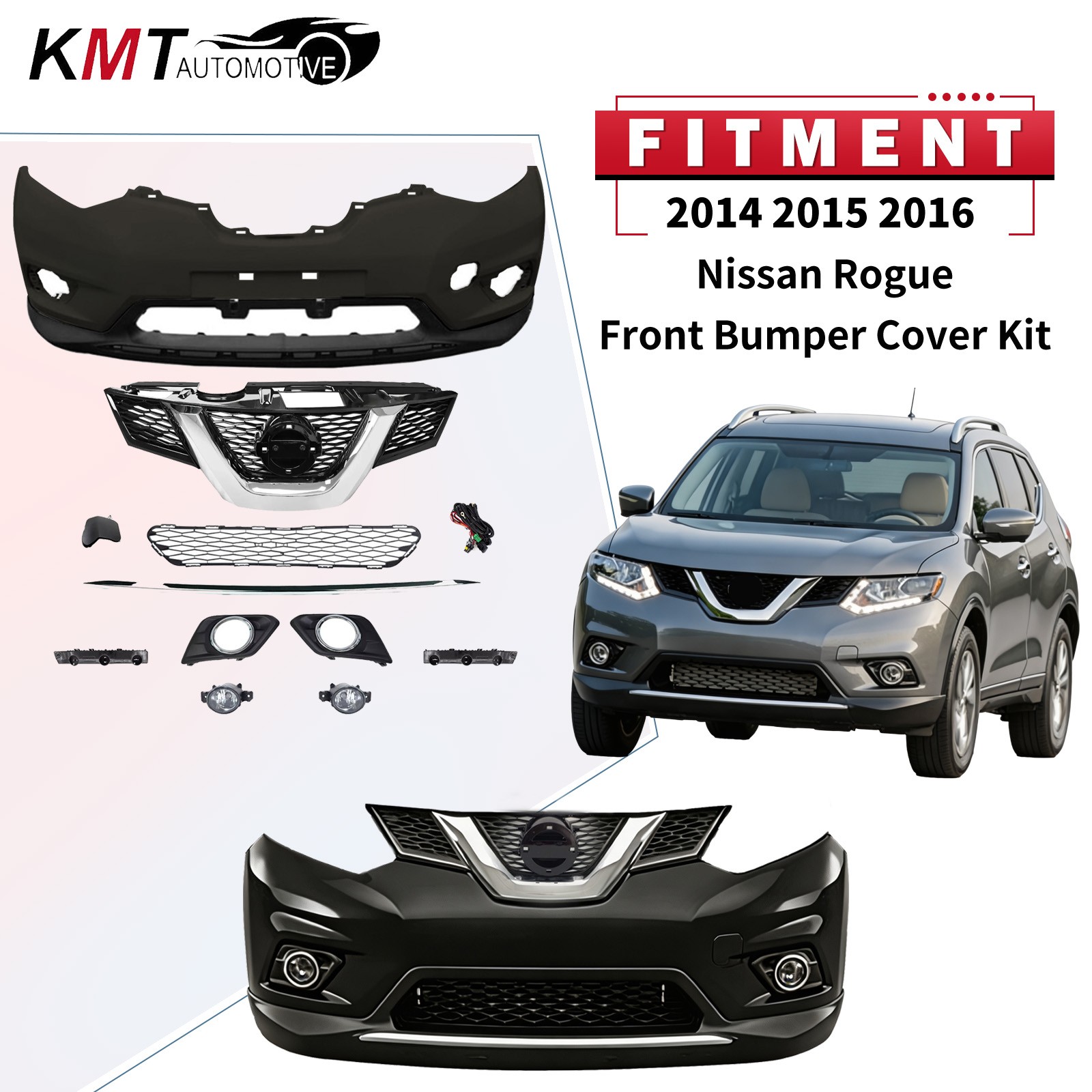 Front Bumper Cover Kit with Grille & Fog Lights For 2014 2015 2016 Nissan Rogue
