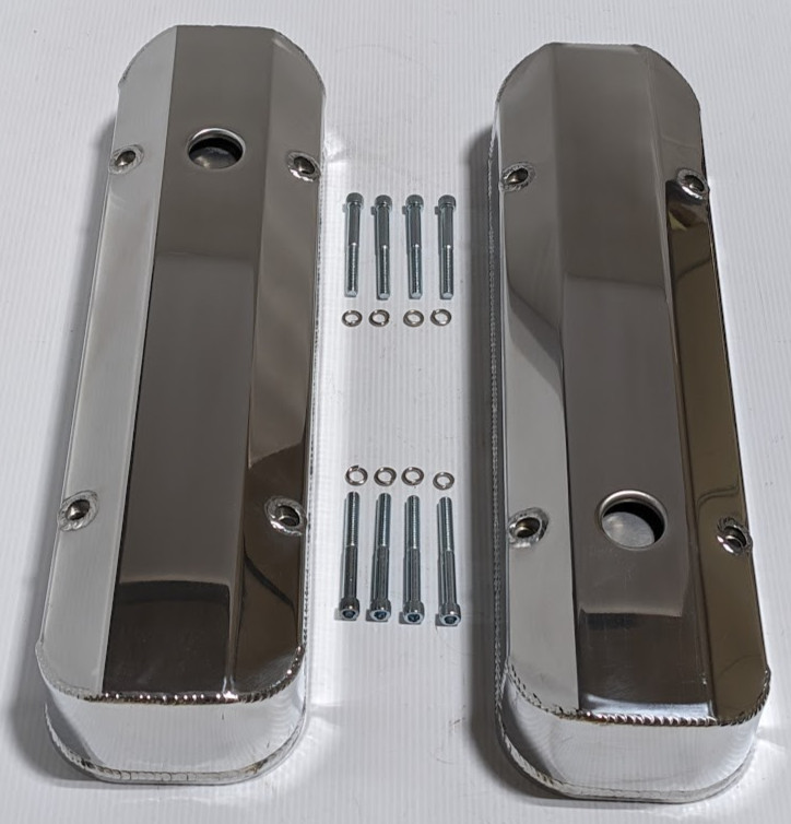 Pontiac 326-455 Fabricated Polished Aluminum Short Smooth Valve Covers w/ Hole