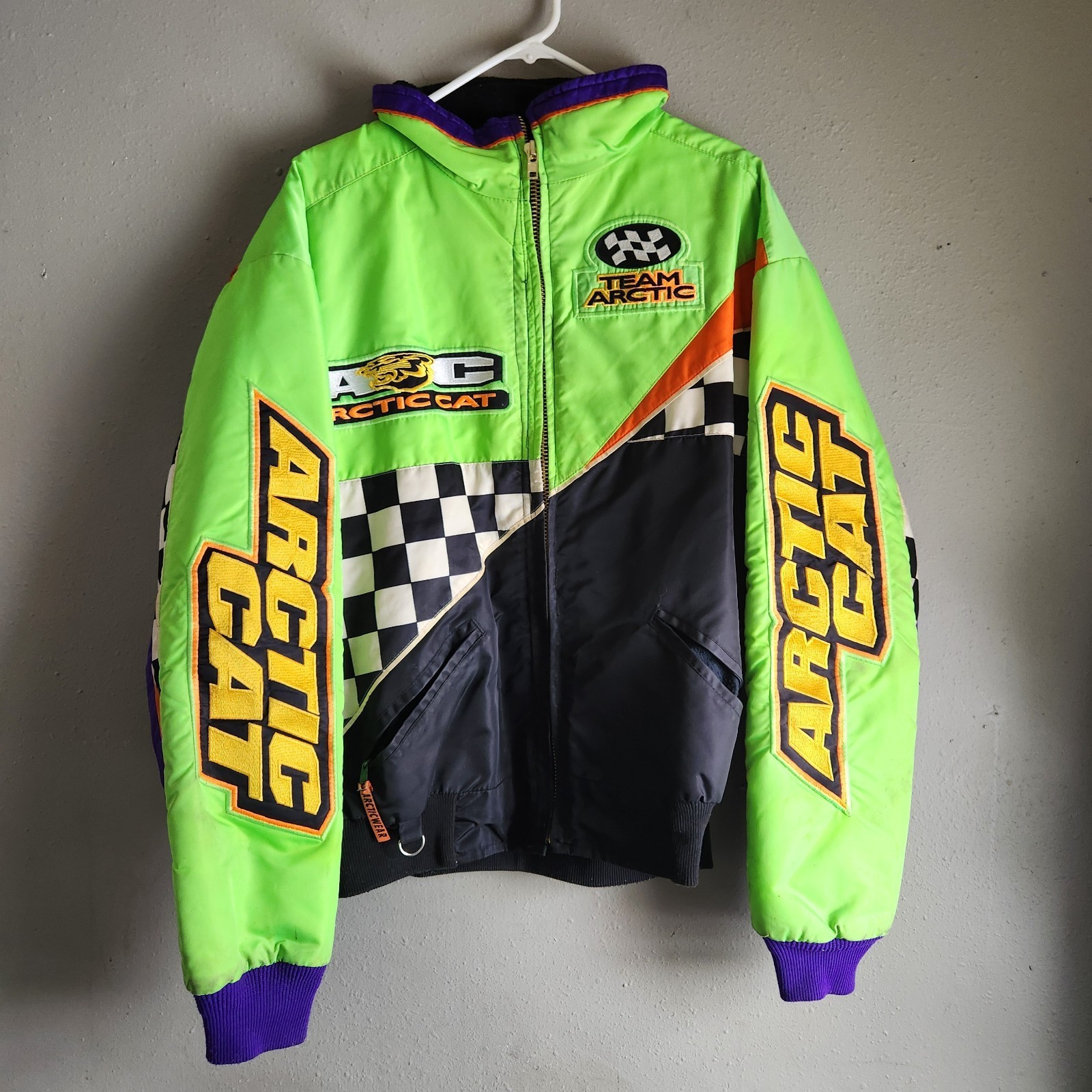 Vintage Team Artic Cat Thinsulate Snowmobile Racing Jacket Neon Colorblock Lrg