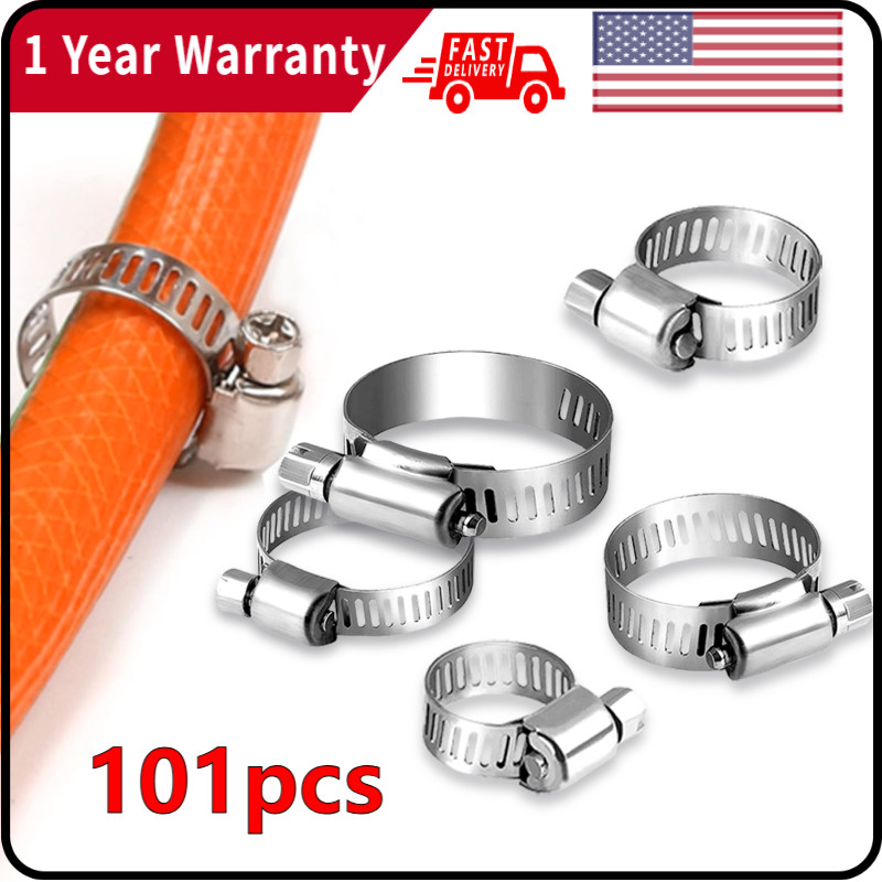 101pcs Adjustable Hose Clamps Worm Gear Stainless Steel Clamp Assortment Kit
