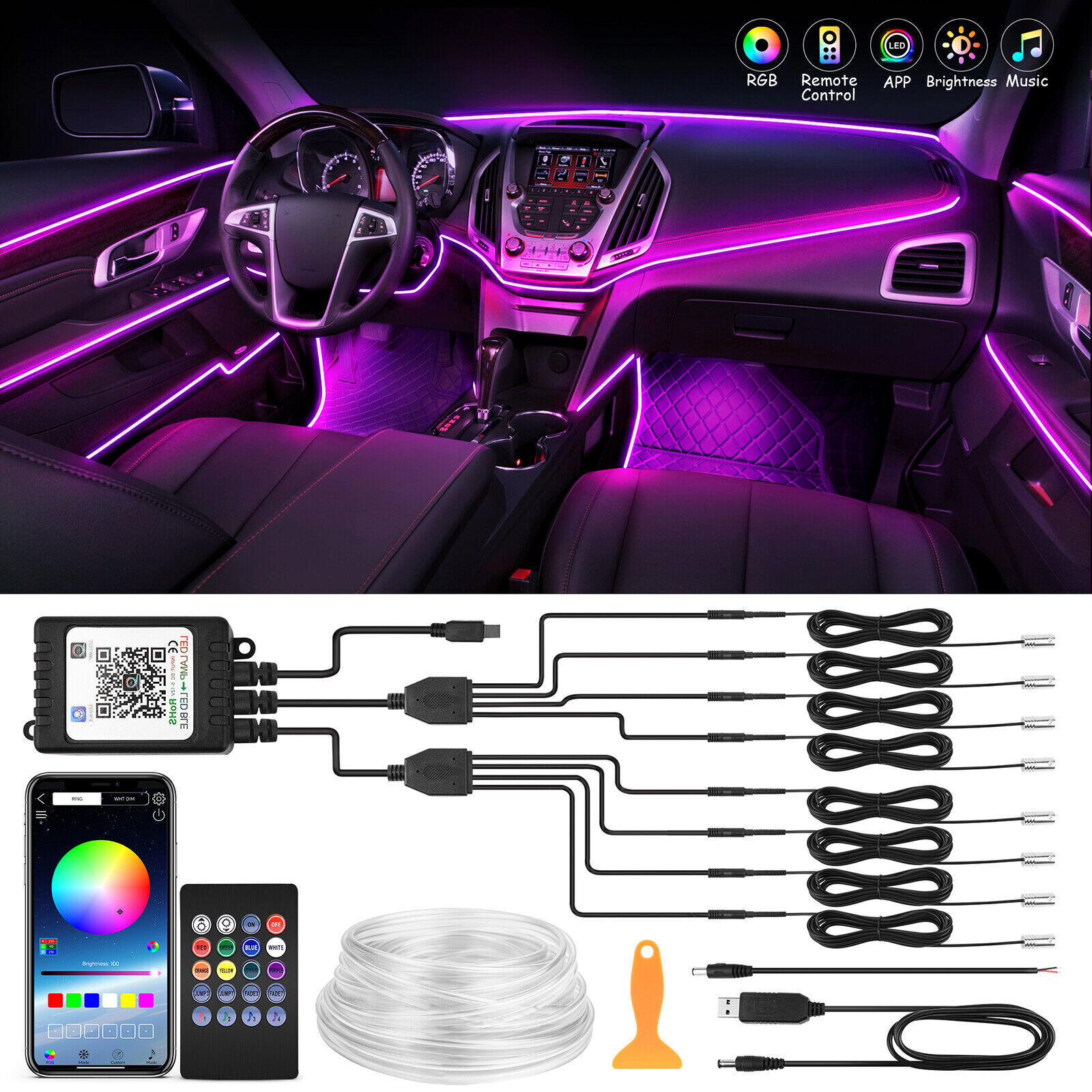 Interior Car LED Strip Lights RGB 8-in-1 Car NEON LED Decor Ambient Lighting Kit