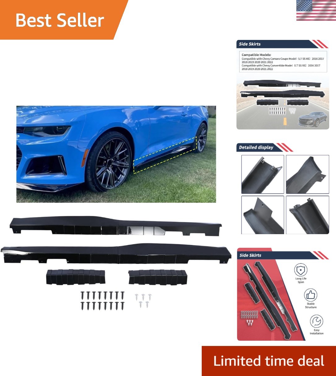 Side Skirts ZL1 Style Gloss Black Painted 1 Pair Compatible with Chevy Camaro...