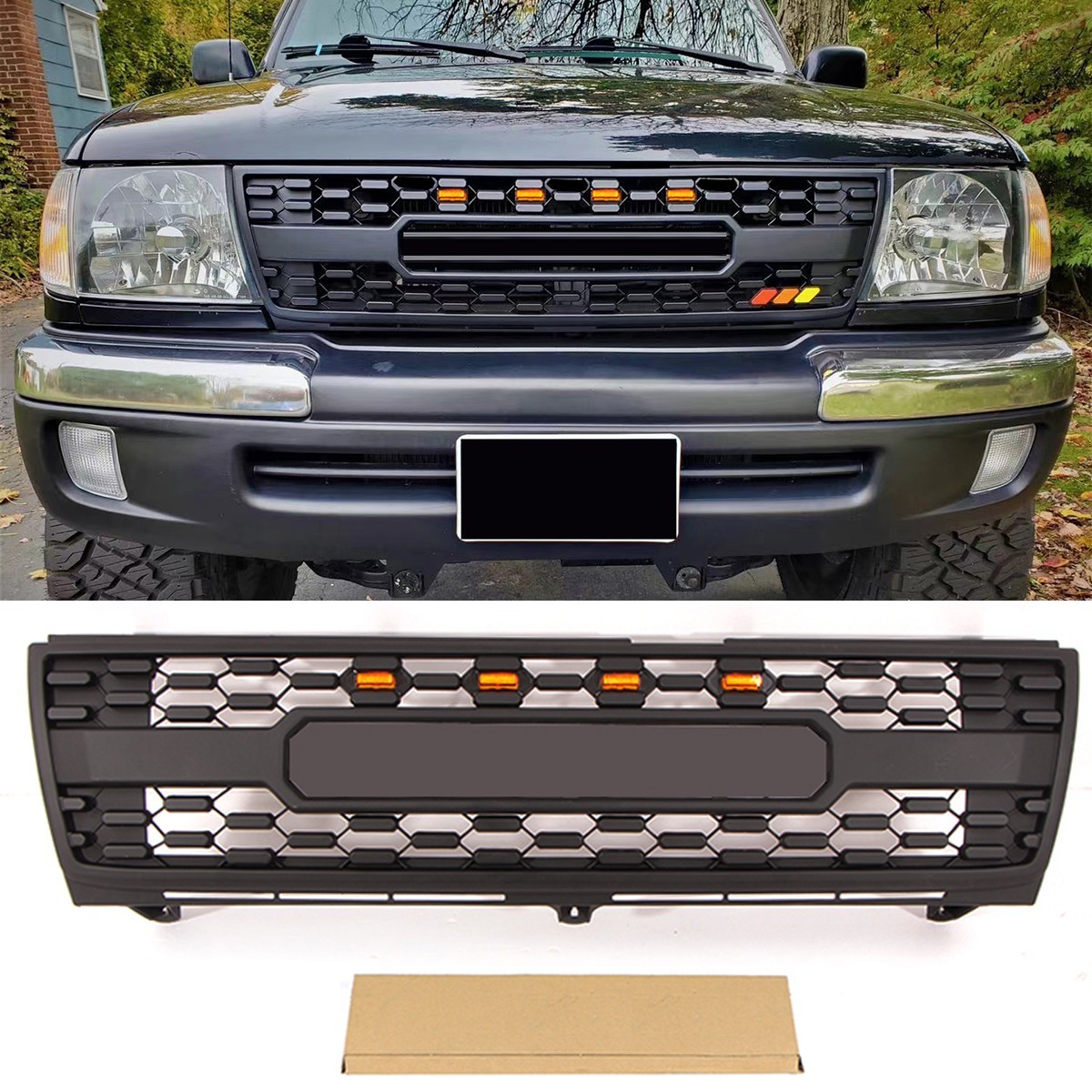 Front Grille Fits For 1998 1999 2000 Toyota Tacoma Black Grill W/AmberLed Light