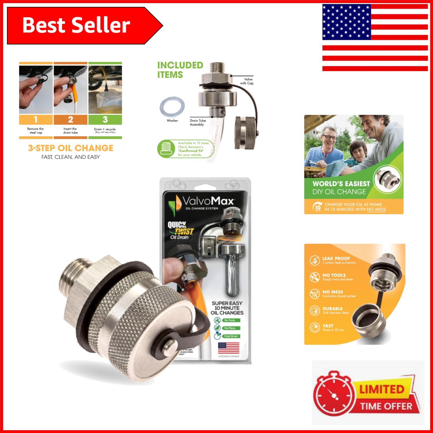 Veteran-Owned Quick Twist Oil Drain Valve - Hassle-Free Oil Change Kit, M14-1.50