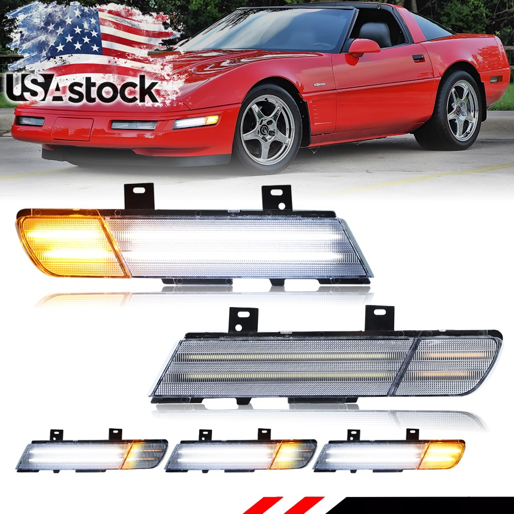 2X Clear Dynamic Amber LED Front Signal Side Marker Lights For 91-96 Corvette C4