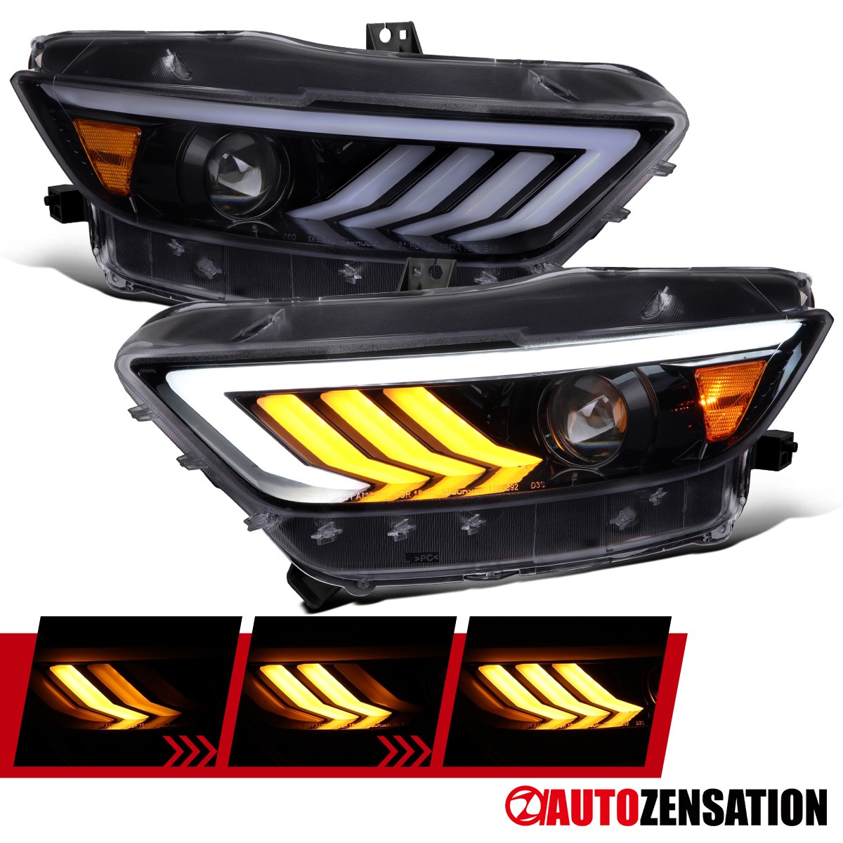 Fit 2015-2017 Ford Mustang Smoke HID Projector Headlights LED Sequential Signal