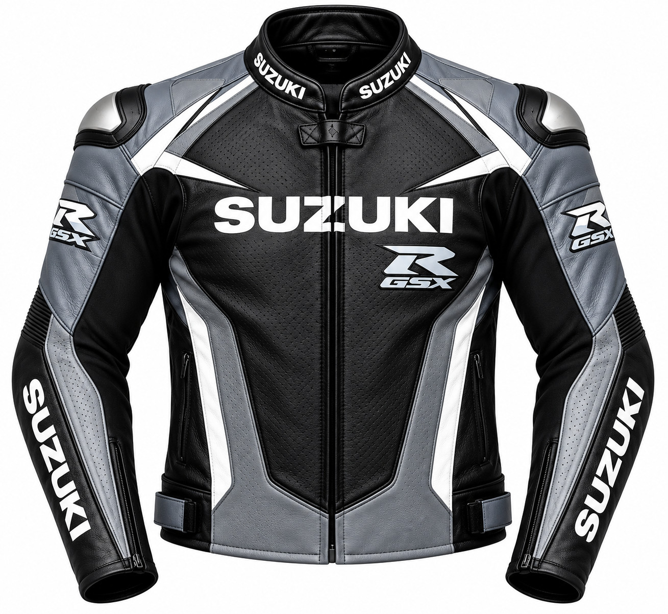 Suzuki GSX-R Motorcycle Leather Jacket Black Grey Cowhide CE Armor Racing Biker