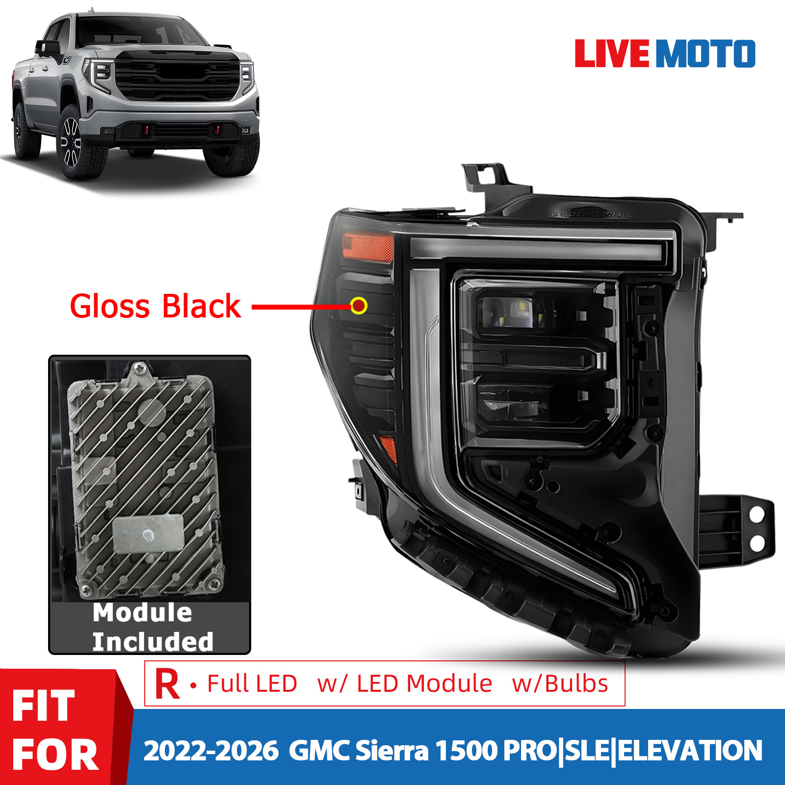 For 2022-2026 GMC Sierra 1500 Elevation Pro SLE LED Headlight Right 85543194
